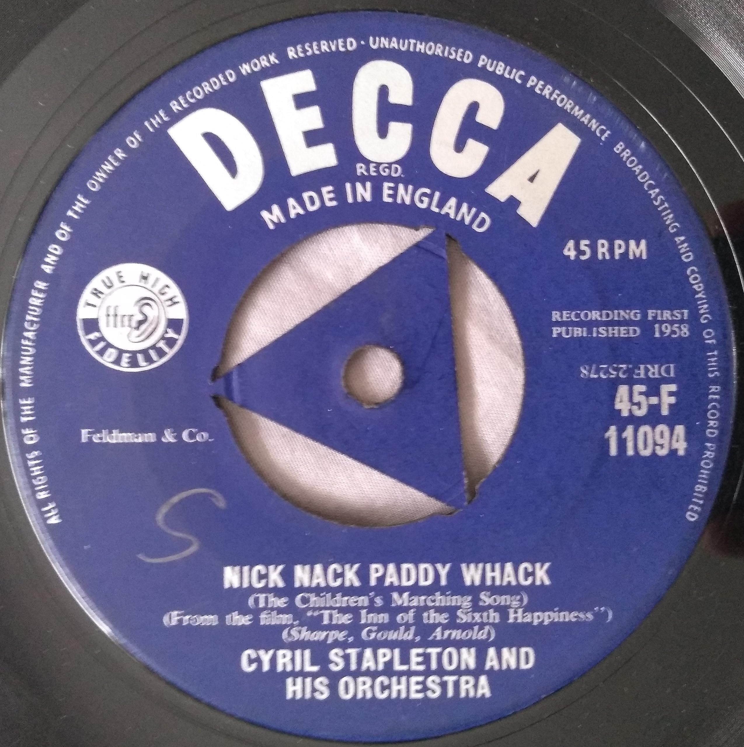 Cyril Stapleton and His Orchestra - Nick Nack Paddy Whack (Decca) 7" vinyl single VG/-