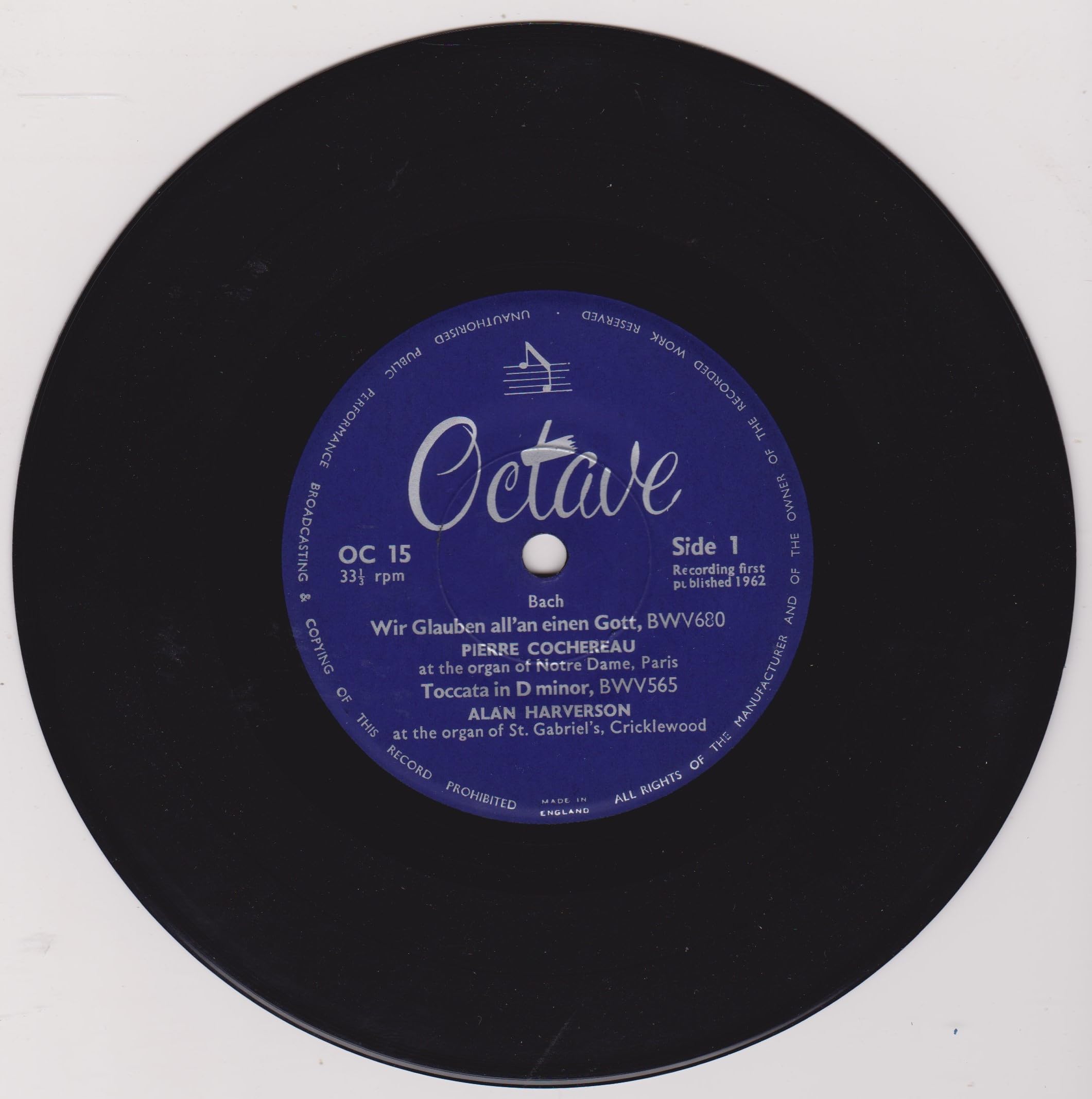 Bach, Pierre Cochereau, Alan Harverson ‎– Best Loved Organ Music (Octave 1963) 7" vinyl EP VG/VG