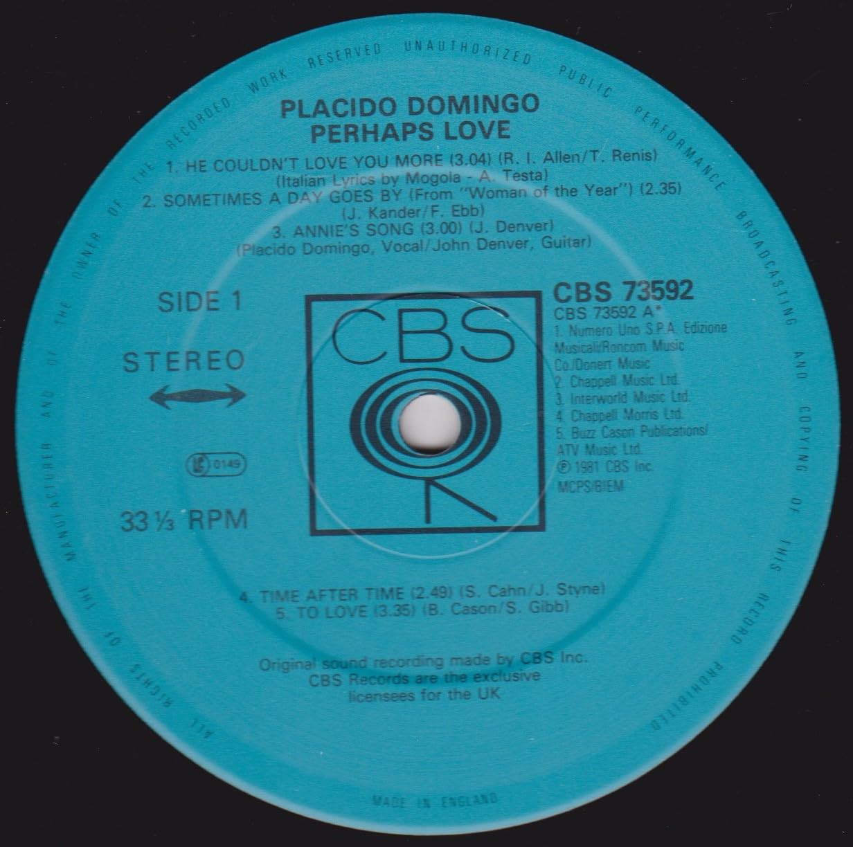 Placido Domingo With John Denver ‎– Perhaps Love (CBS 1981) 12" vinyl LP VG/VG