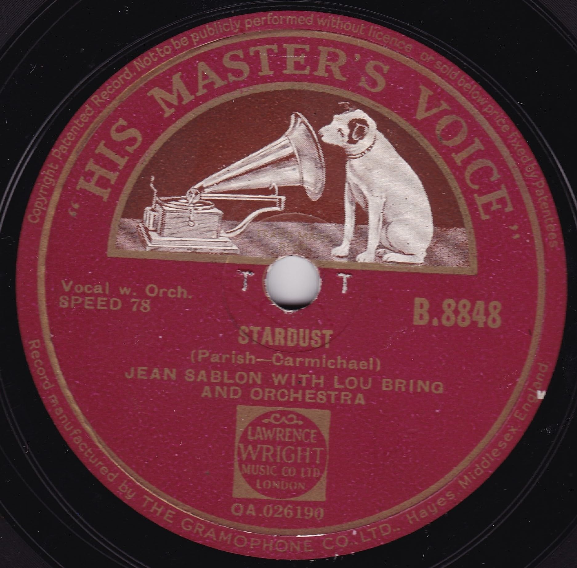Jean Sablon With Lou Bring And His Orchestra ‎– Two Sleepy People (HMV 1939) 10" 78RPM shellac single VG/-