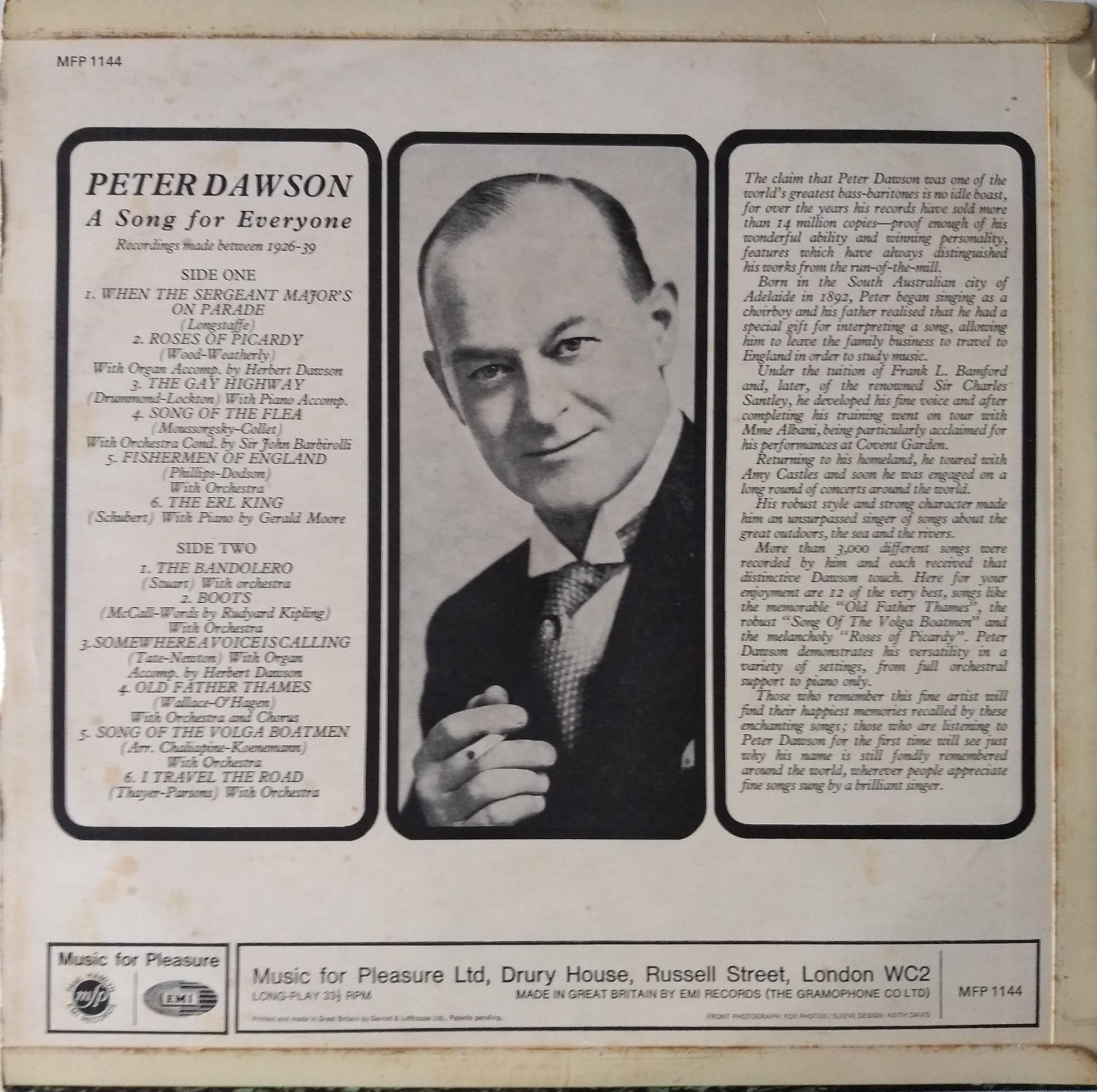 Peter Dawson – A Song For Everyone (EMI) 12" vinyl LP VG/VG