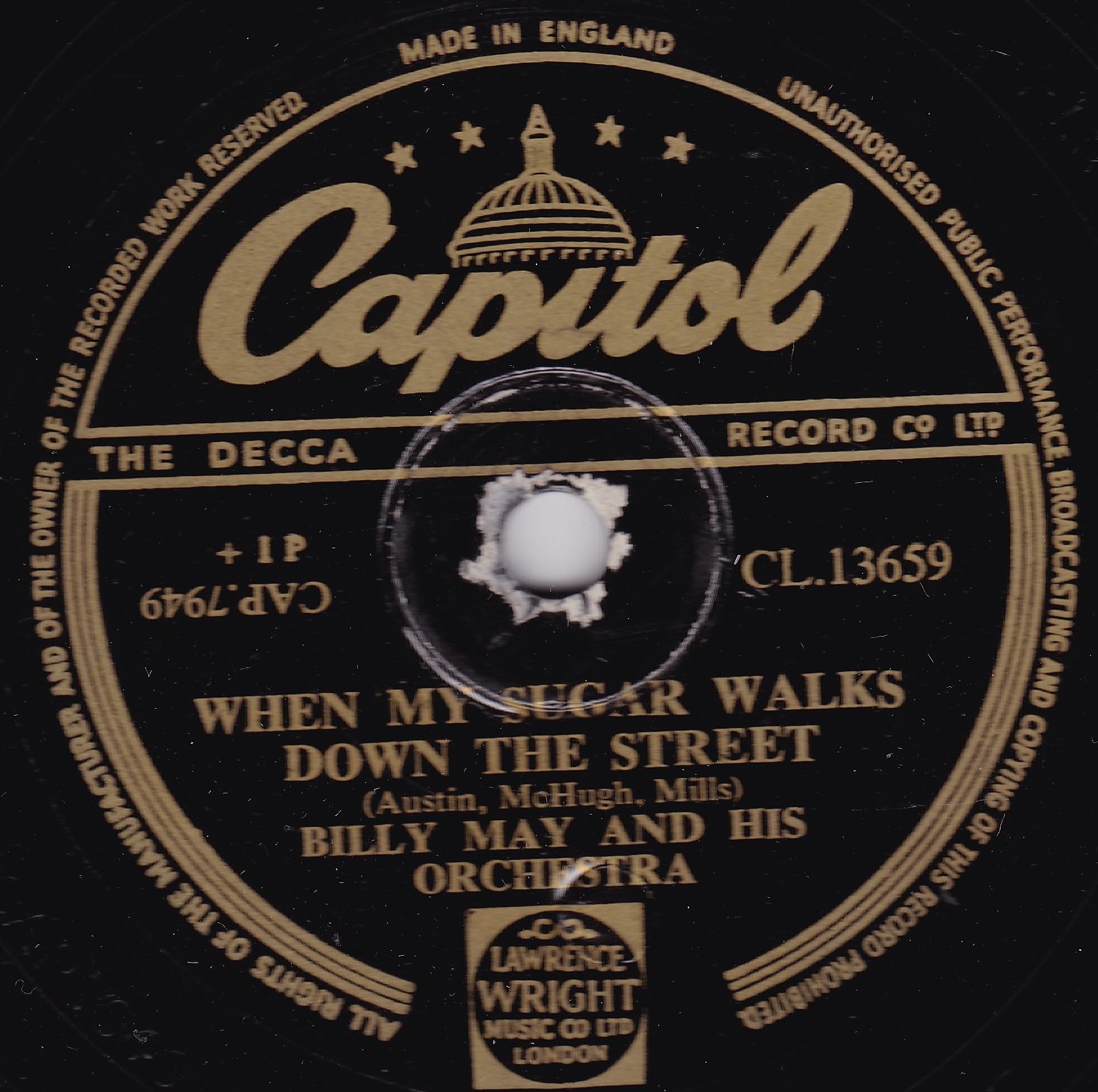 Billy May And His Orchestra – When My Sugar Walks Down The Street (Capitol 1953) 10" 78 RPM shellac single VG/-