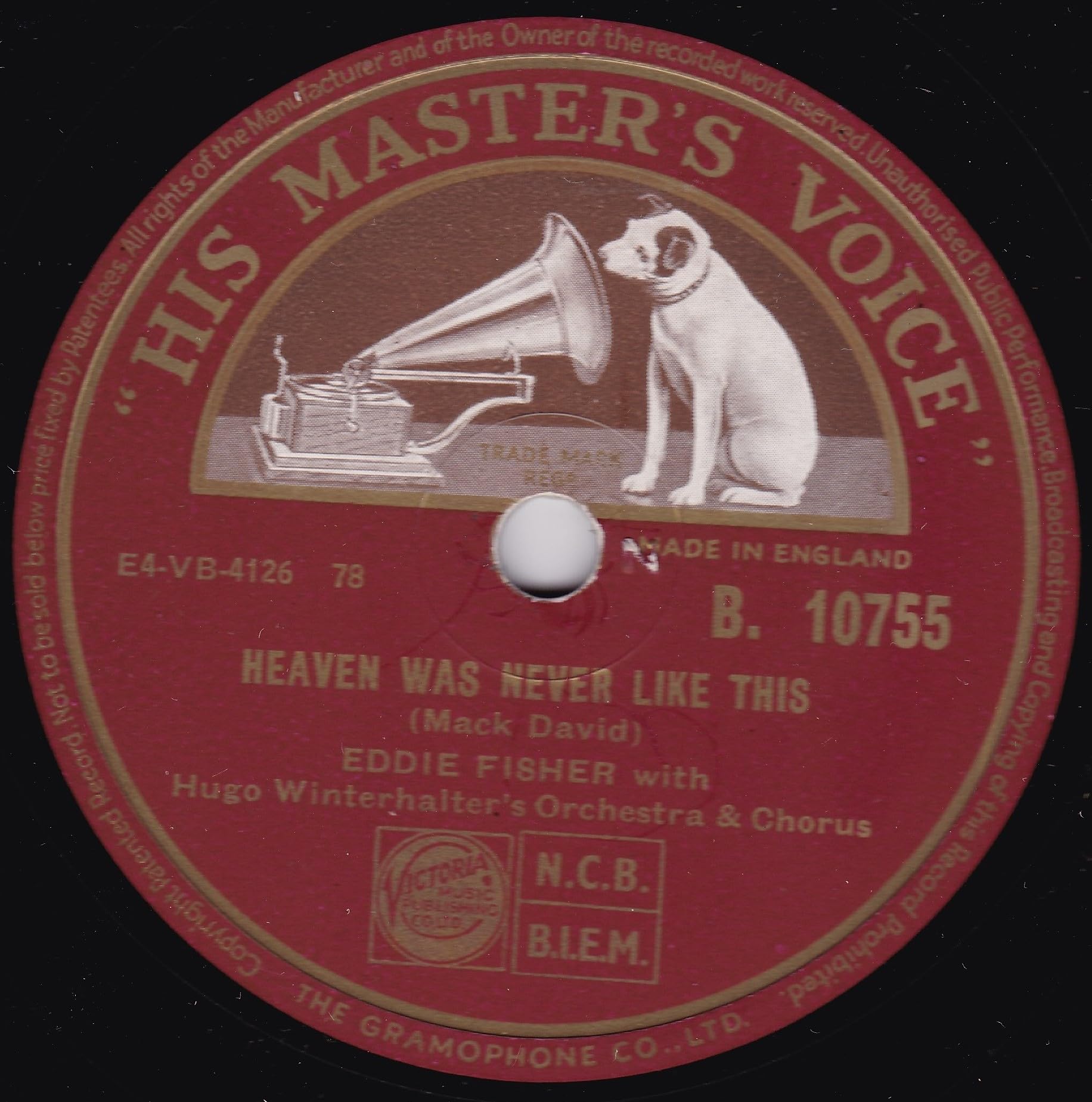 Eddie Fisher With Hugo Winterhalter And His Orchestra ‎– I Need You Now (HMV 1954) 10" 78RPM shellac single VG/-