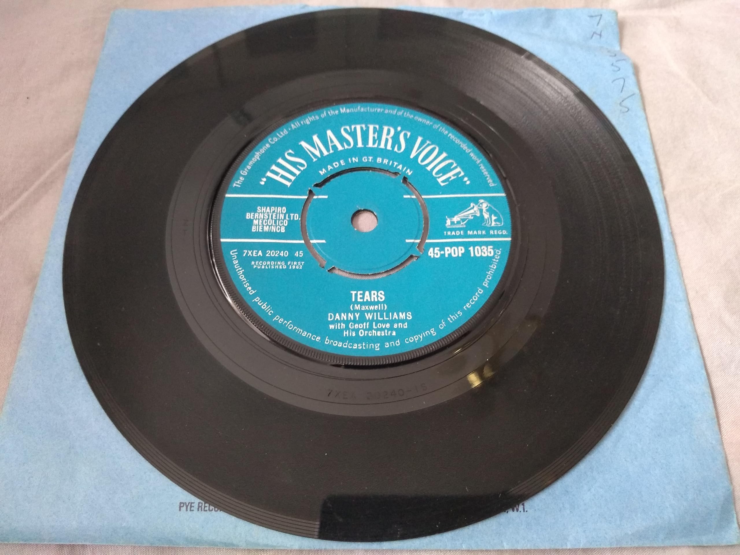 Danny Williams - Tears Vinyl (HMV 1962) 7" vinyl single VG/-