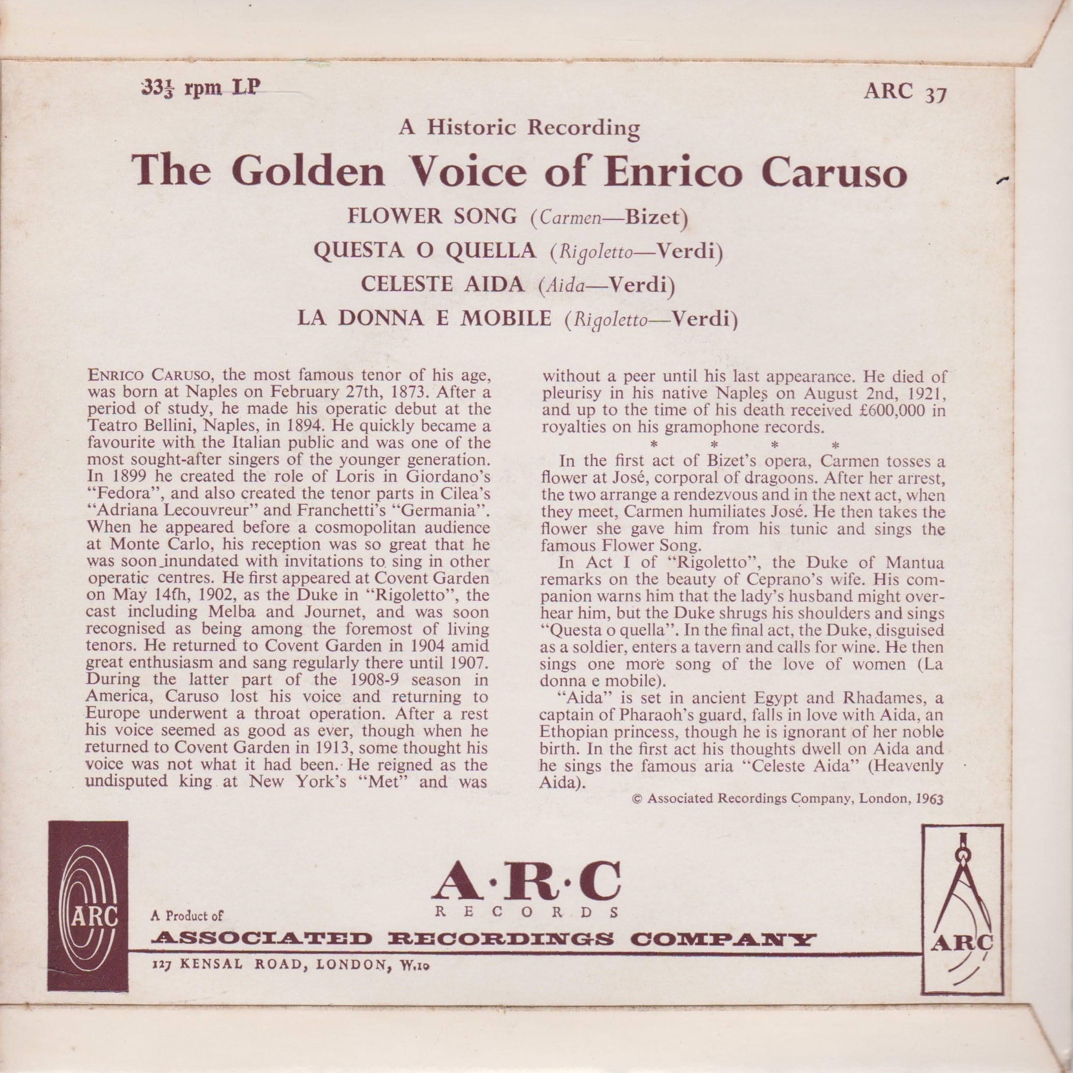 The Golden Voice of Enrico Caruso (ARC 1963) 7" vinyl EP VG/VG