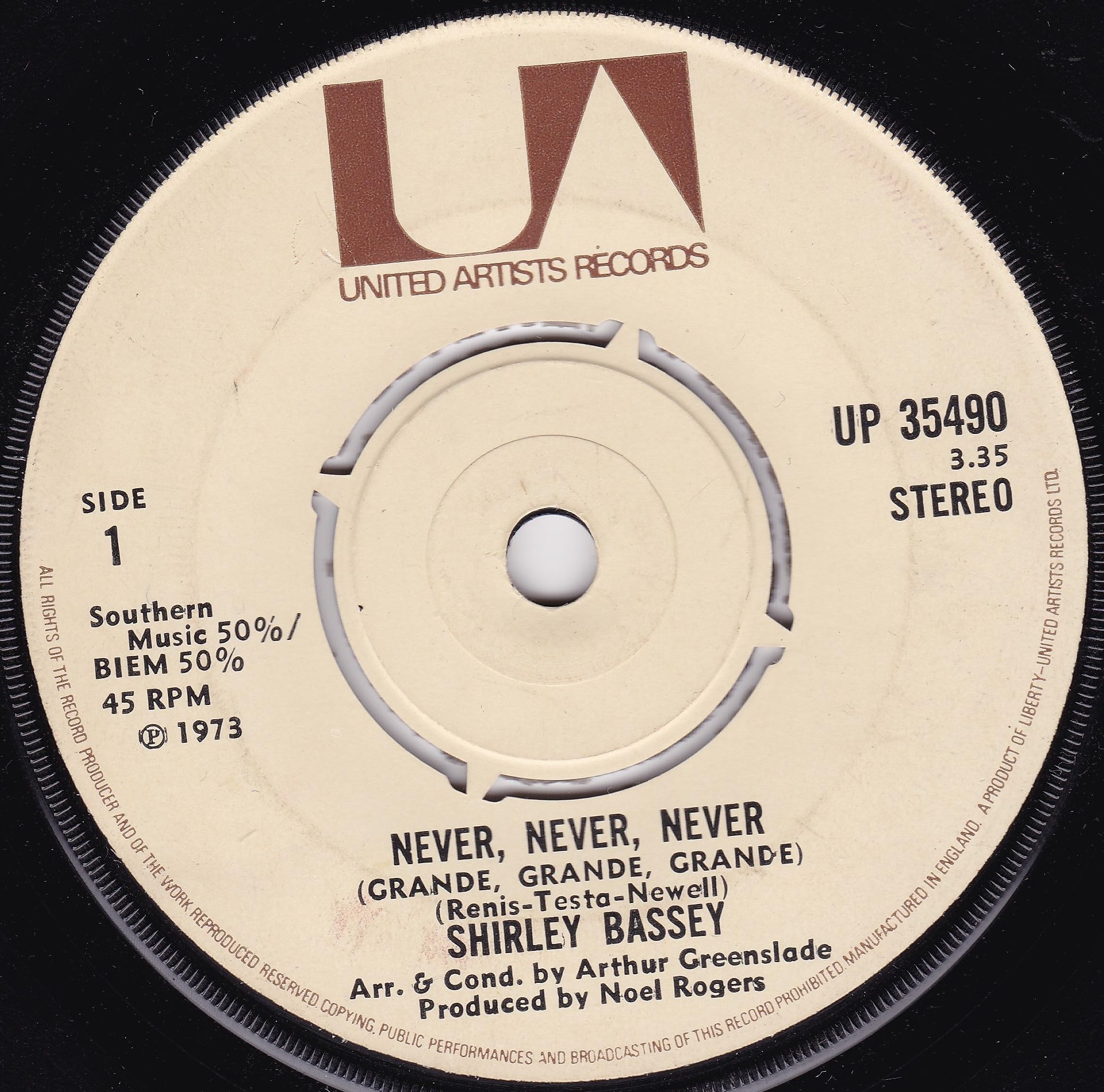 Shirley Bassey – Never, Never, Never (Grande, Grande, Grande) (UA 1973) 7" vinyl single VG/-