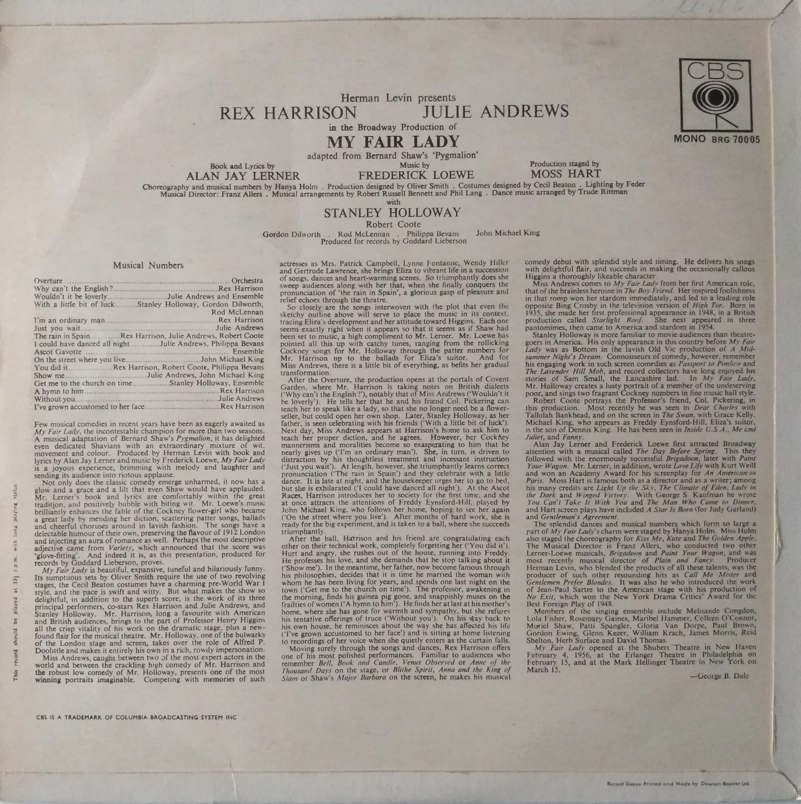 Rex Harrison, Julie Andrews ‎– My Fair Lady Original Soundtrack (CBS) 12" vinyl LP VG/VG