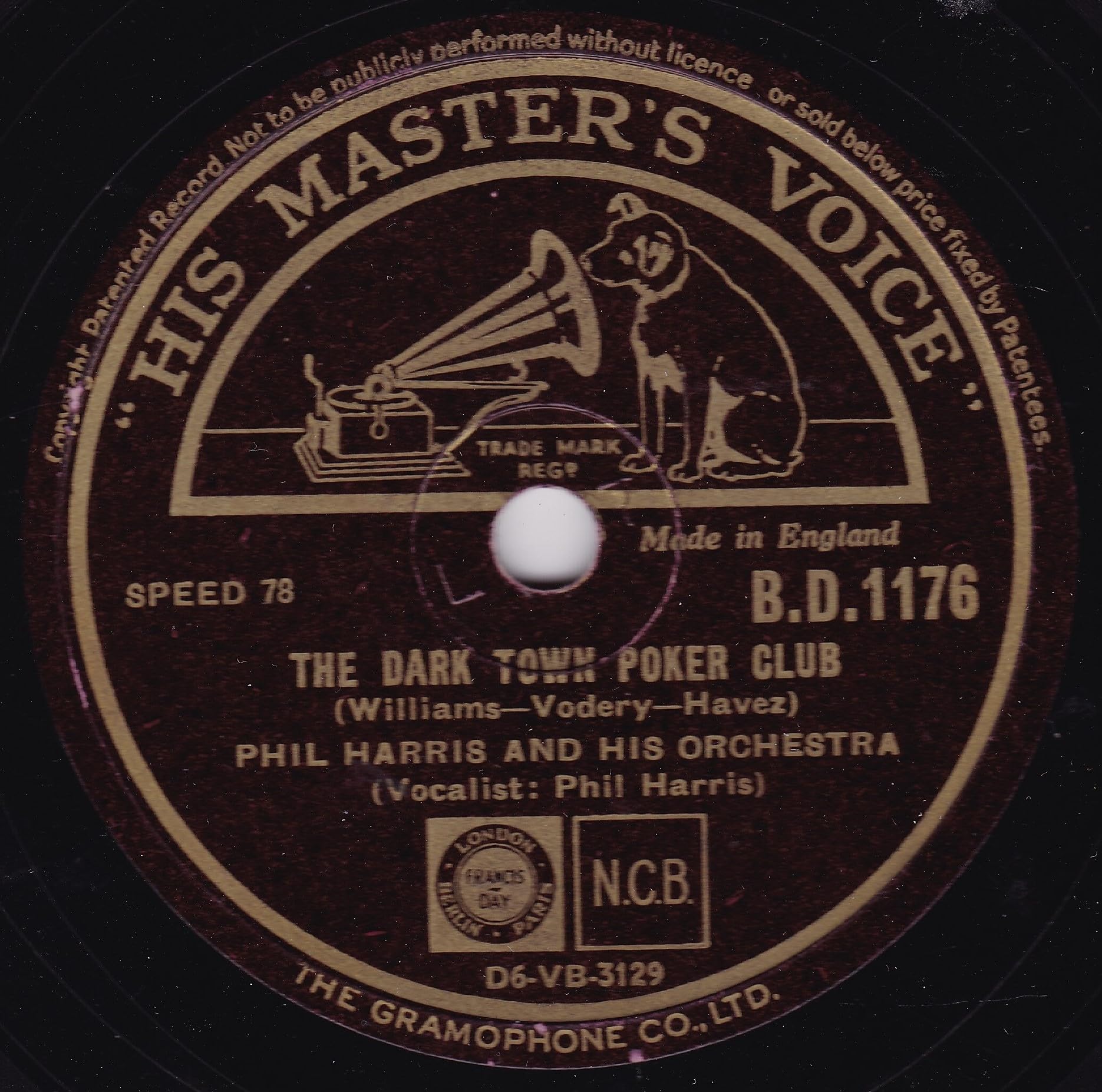 Phil Harris And His Orchestra – The Dark Town Poker Club (HMV) 10" 78RPM shellac single VG/-