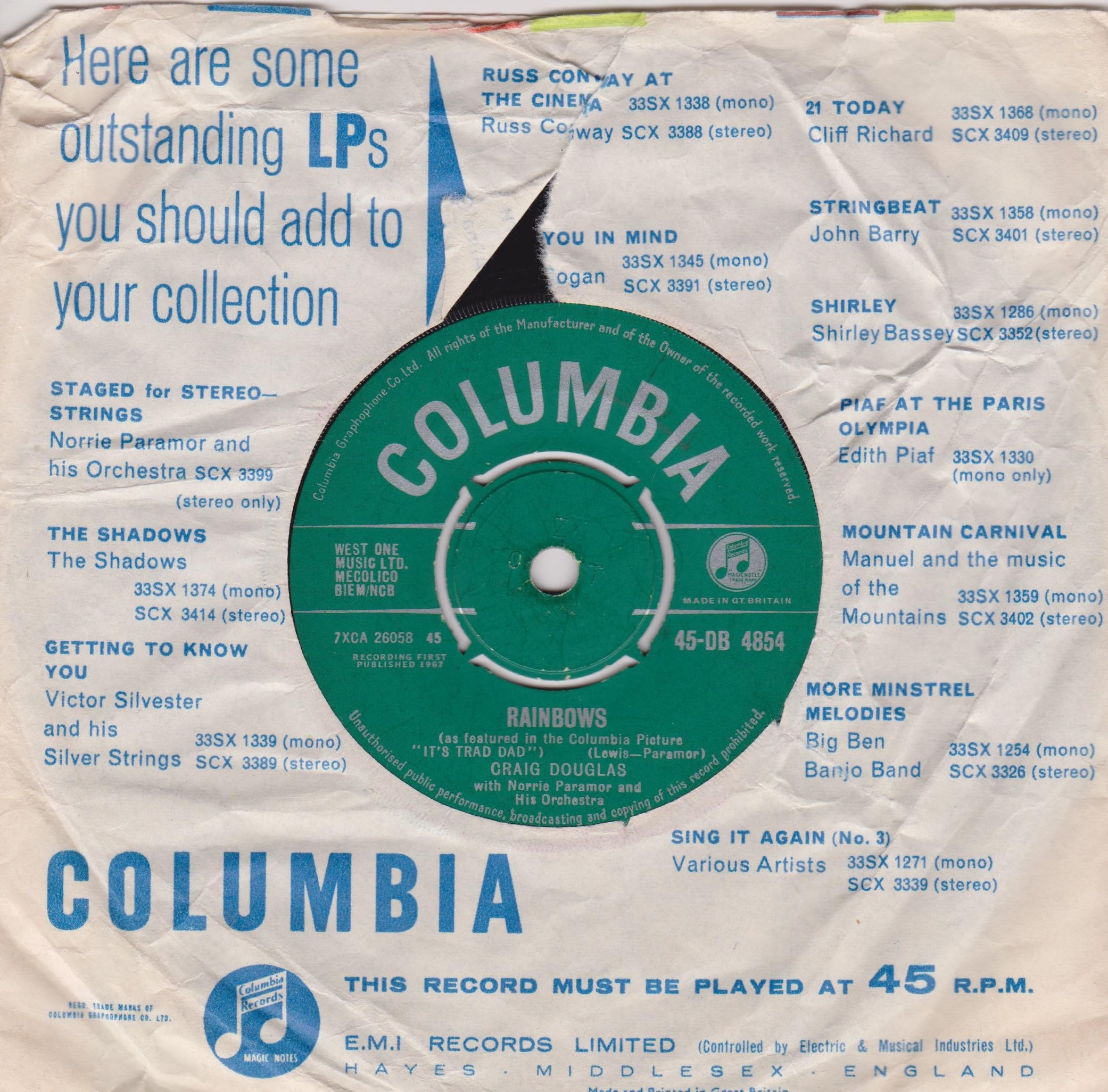 Craig Douglas ‎– Our Favorite Melodies (Columbia 1962) 7" vinyl single VG/G
