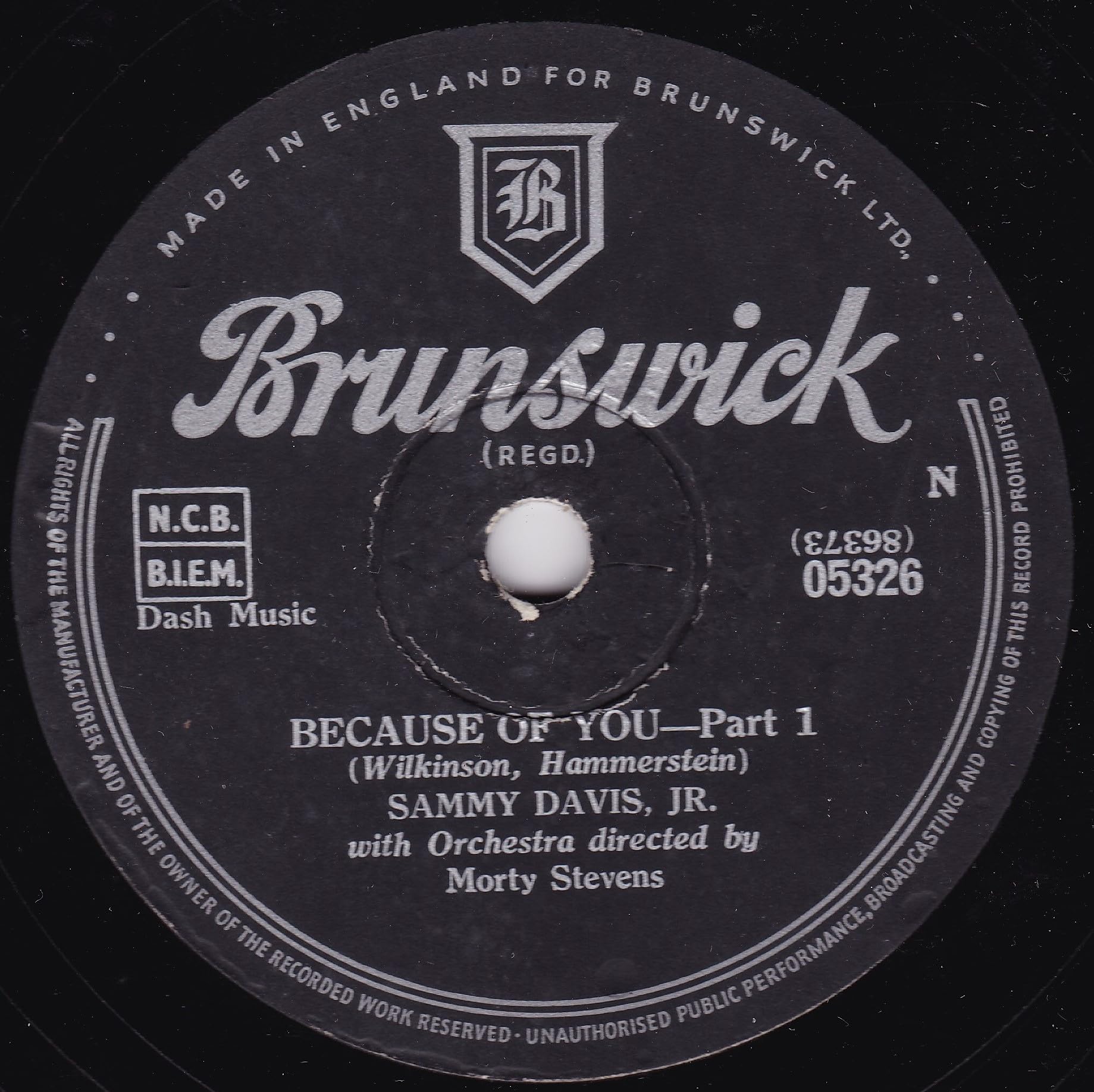 Sammy Davis Jr. ‎– Because Of You (Brunswick) 10" 78RPM shellac single VG/-
