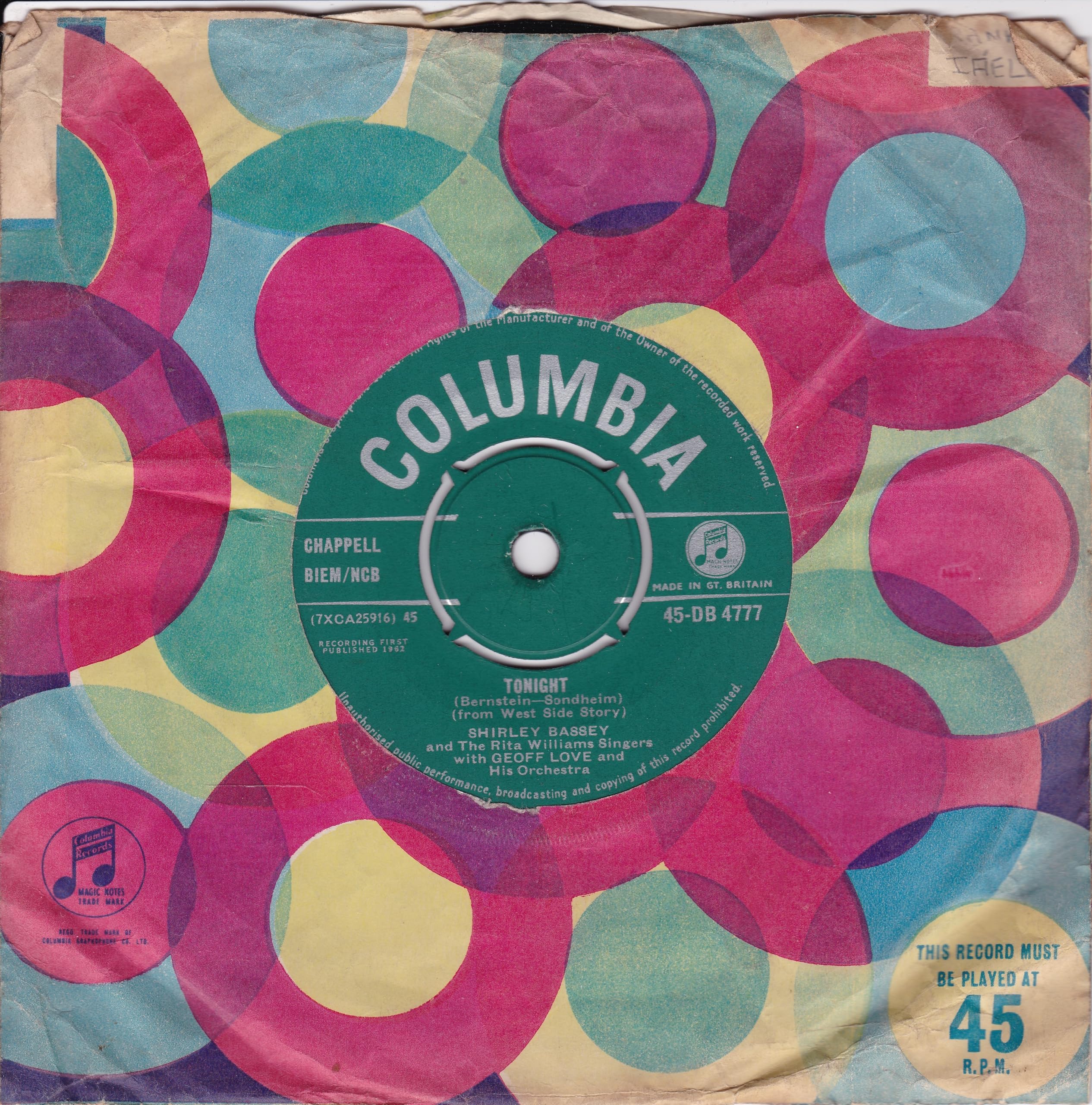Shirley Bassey And The Rita Williams Singers With Geoff Love & His Orchestra – Tonight (Columbia 1962) 7" vinyl single VG/G+