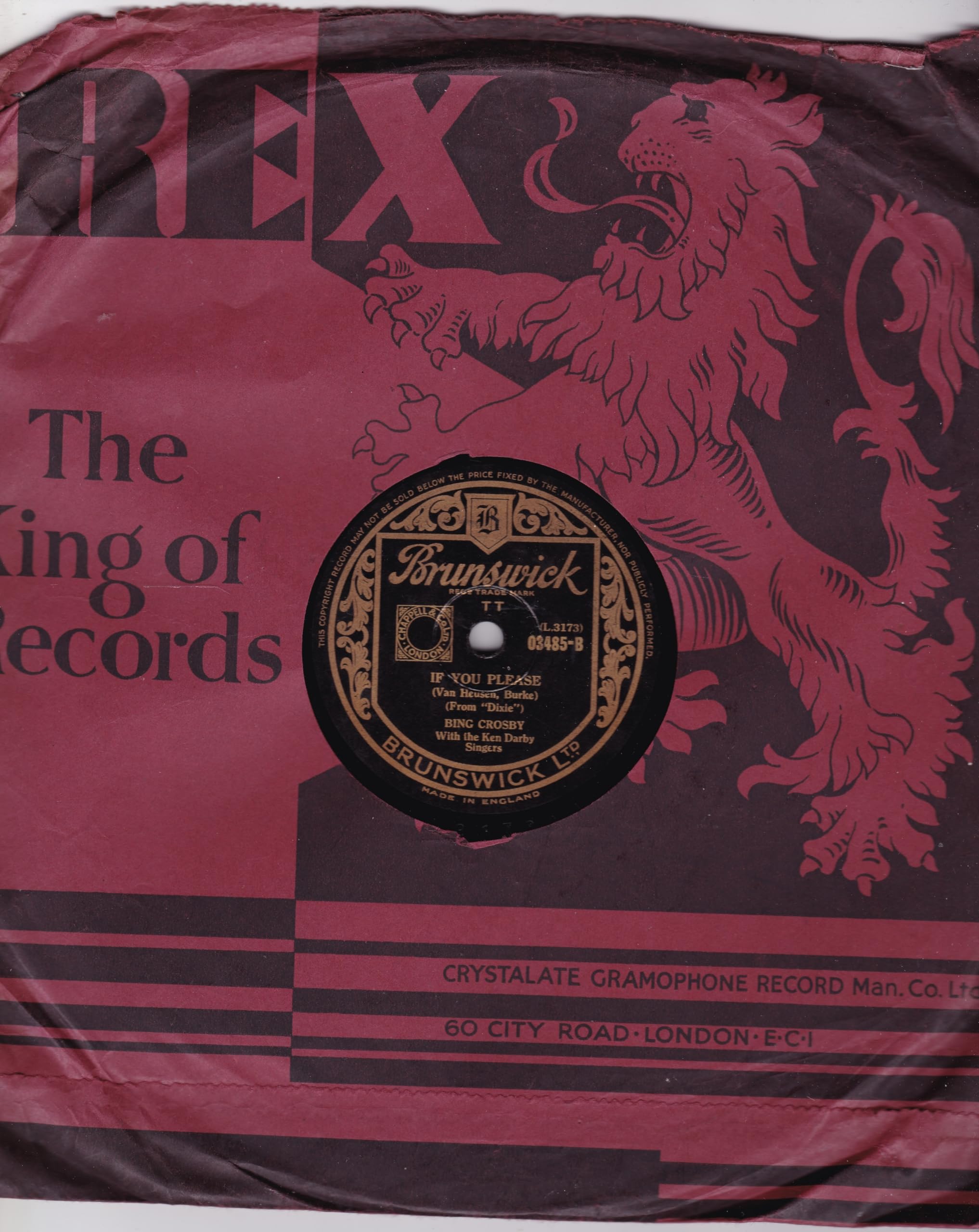 Bing Crosby With The Ken Darby Singers ‎– Sunday, Monday, Or Always (Brunswick) 10" 78RPM shellac single VG/-