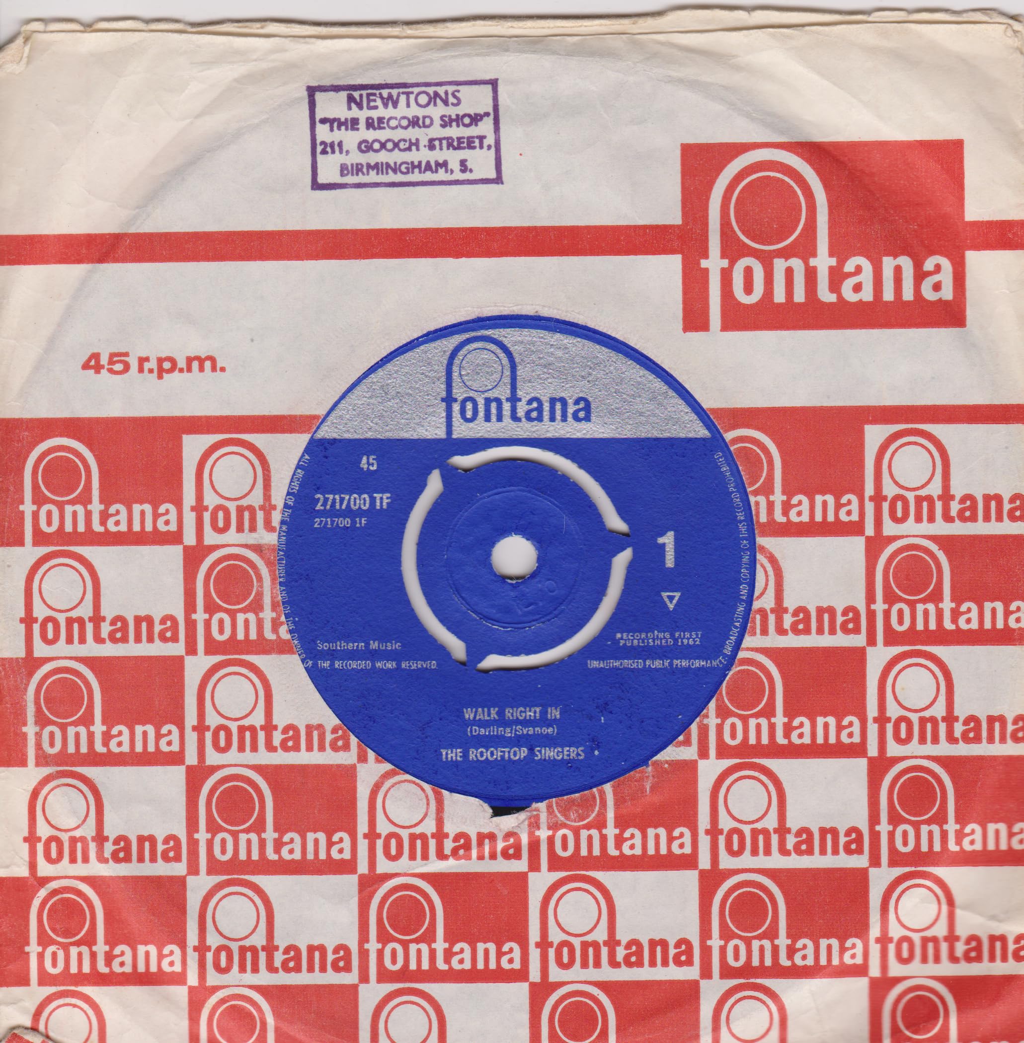 The Rooftop Singers – Walk Right In (Fontana 1962) 7" vinyl single VG/VG