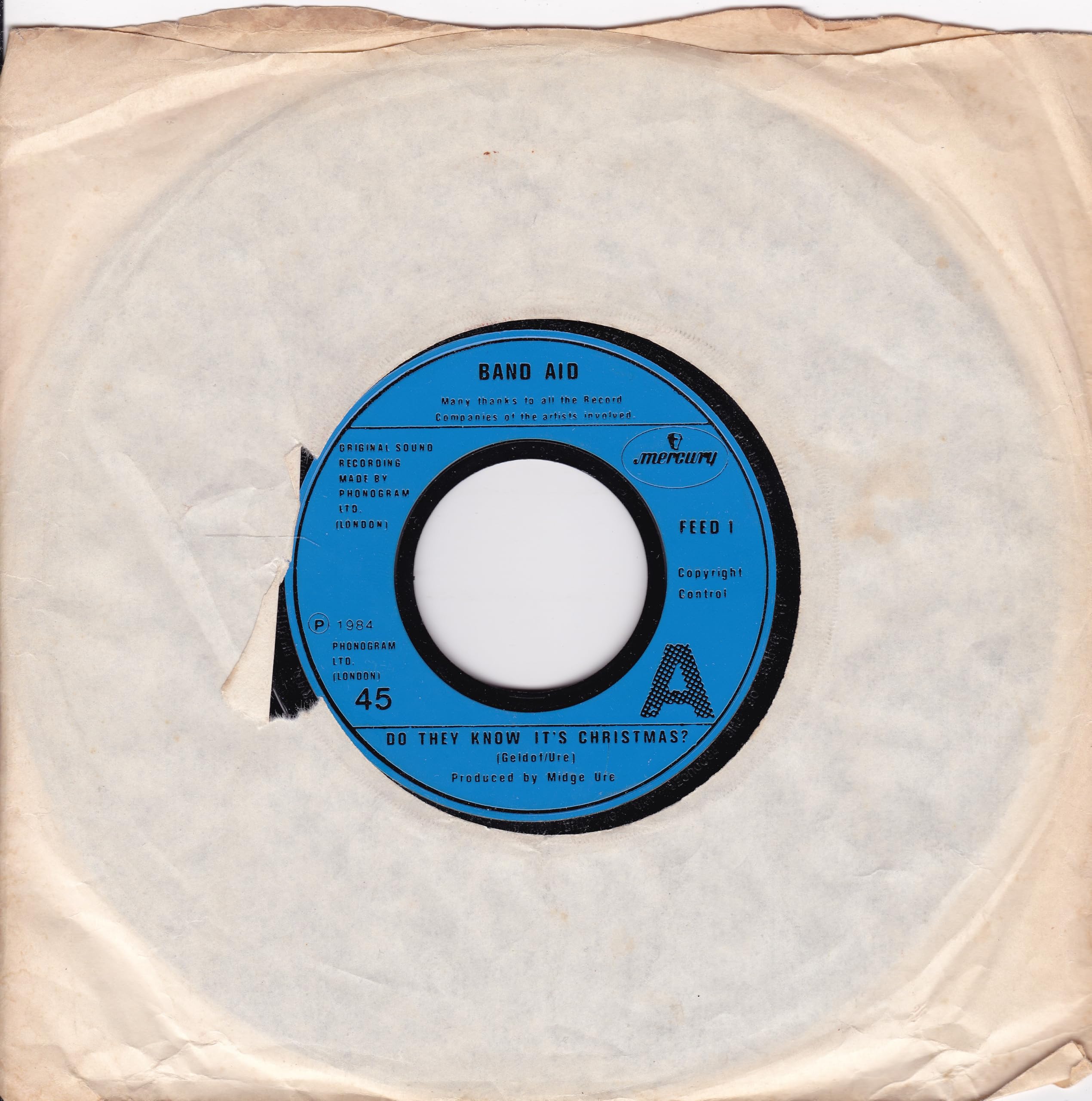 Band Aid – Do They Know It's Christmas? (Mercury 1984) 7" vinyl single VG/- jukebox centre