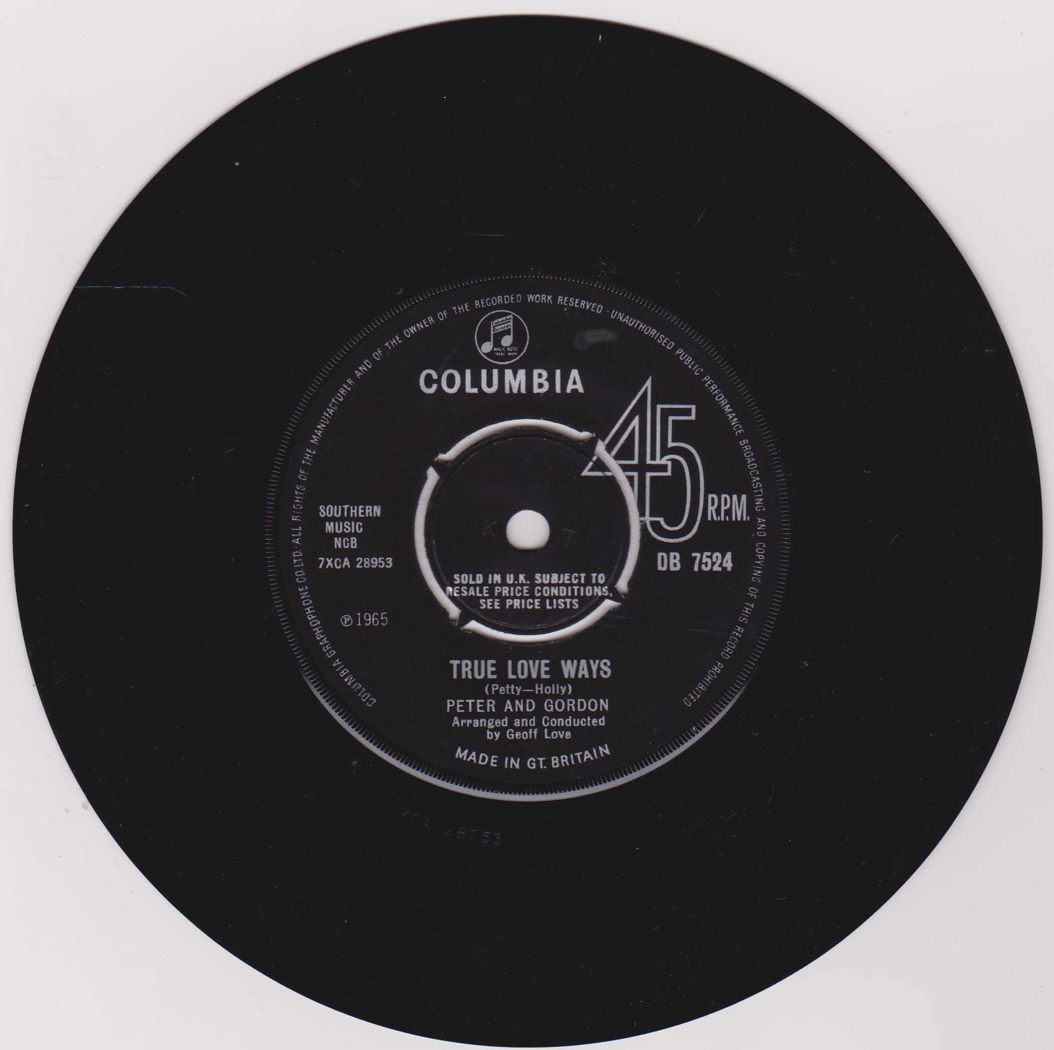 Peter And Gordon – True Love Ways (Columbia 1965) 7" vinyl single VG/VG