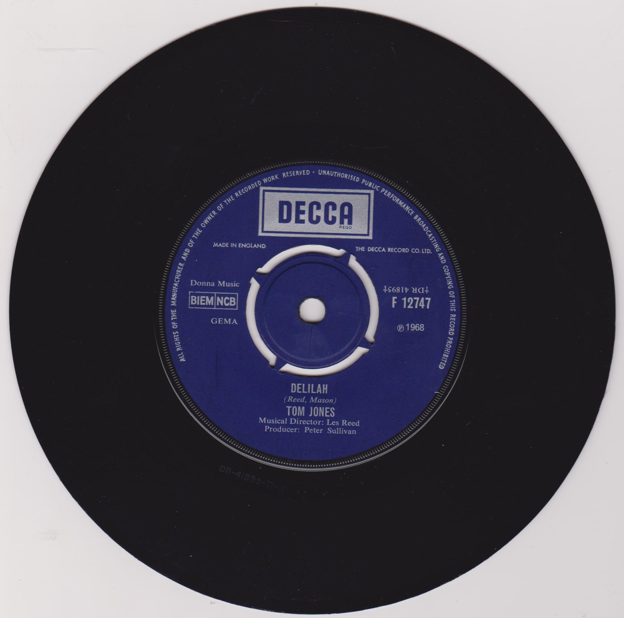 Tom Jones ‎– Delilah (Decca 1968) 7" vinyl single VG/VG