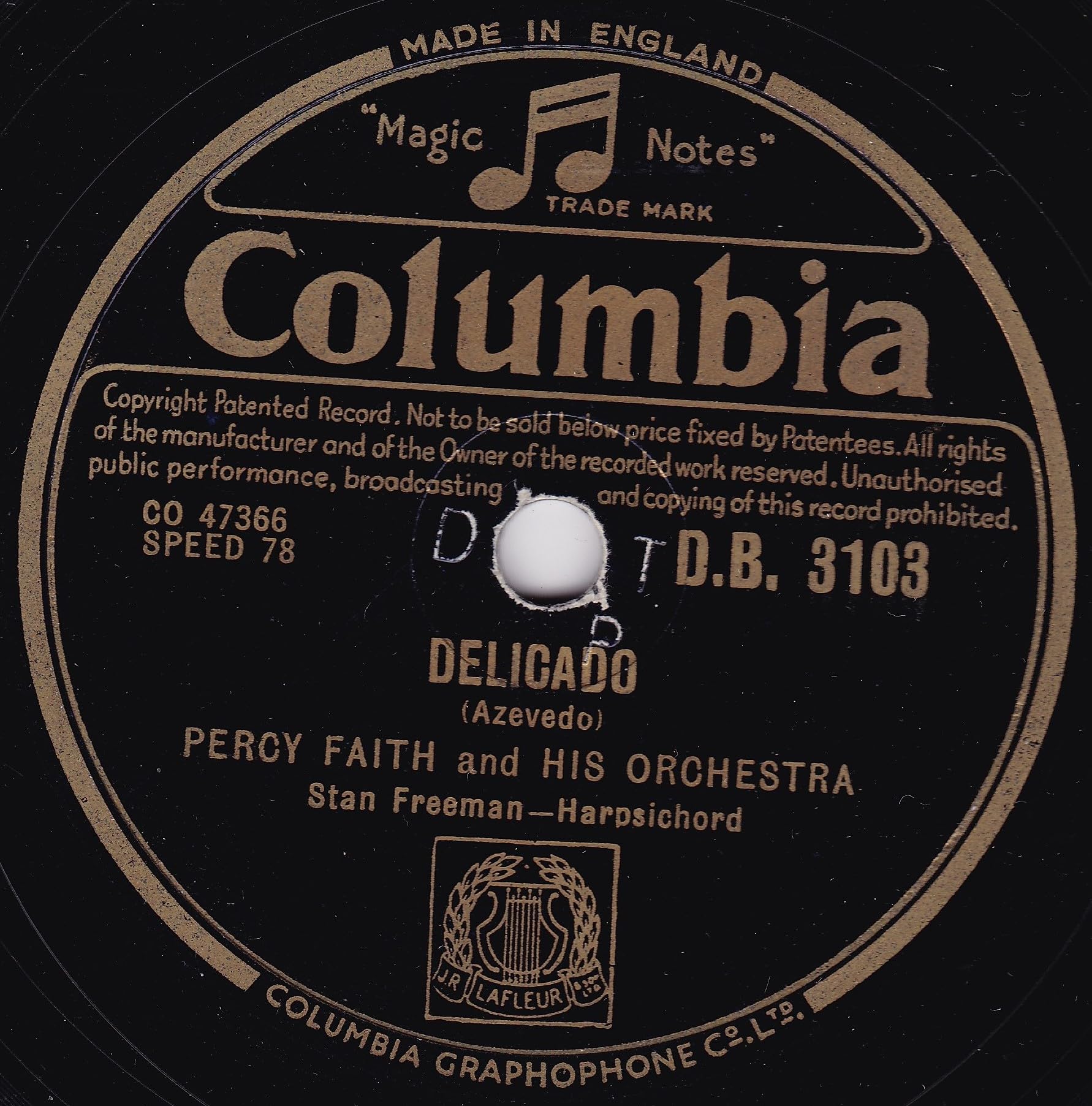Percy Faith And His Orchestra - Delicado (Columbia 1952) 10" 78RPM shellac single VG/-
