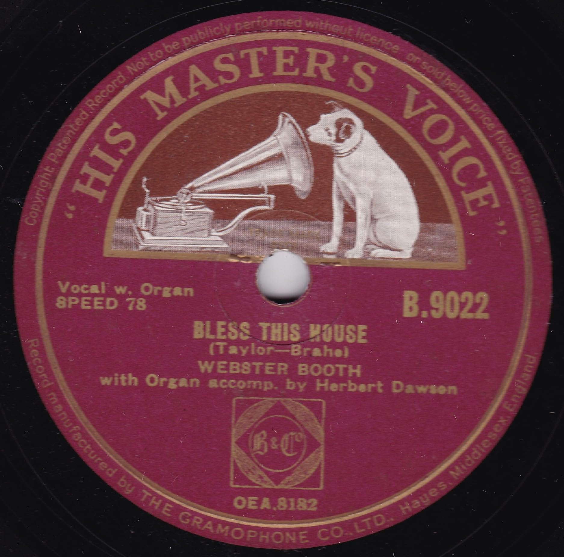 Webster Booth - Bless This House (HMV 1940) 10" 78RPM shellac single VG/-