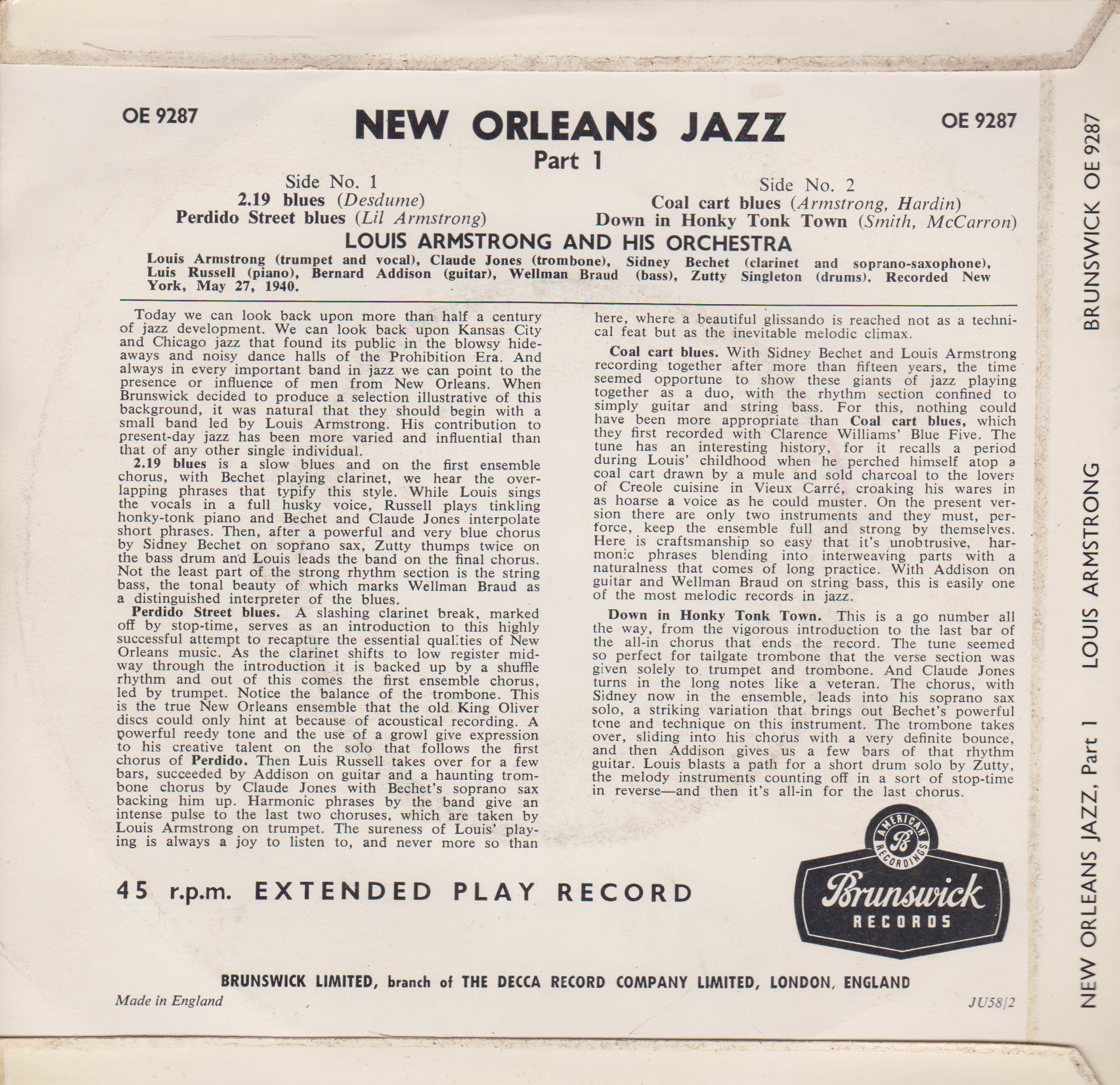 Louis Armstrong And His Orchestra ‎– New Orleans Jazz Part 1 7" vinyl EP VG/VG