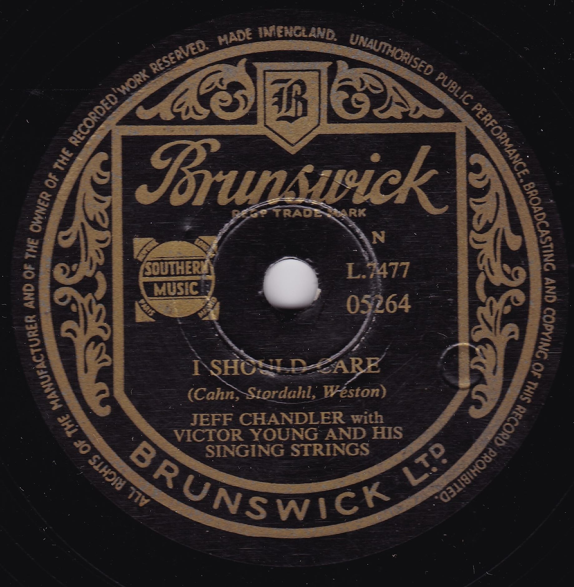 Jeff Chandler With Victor Young And His Singing Strings ‎– I Should Care (Brunswick 78 RPM shellac single VG/-