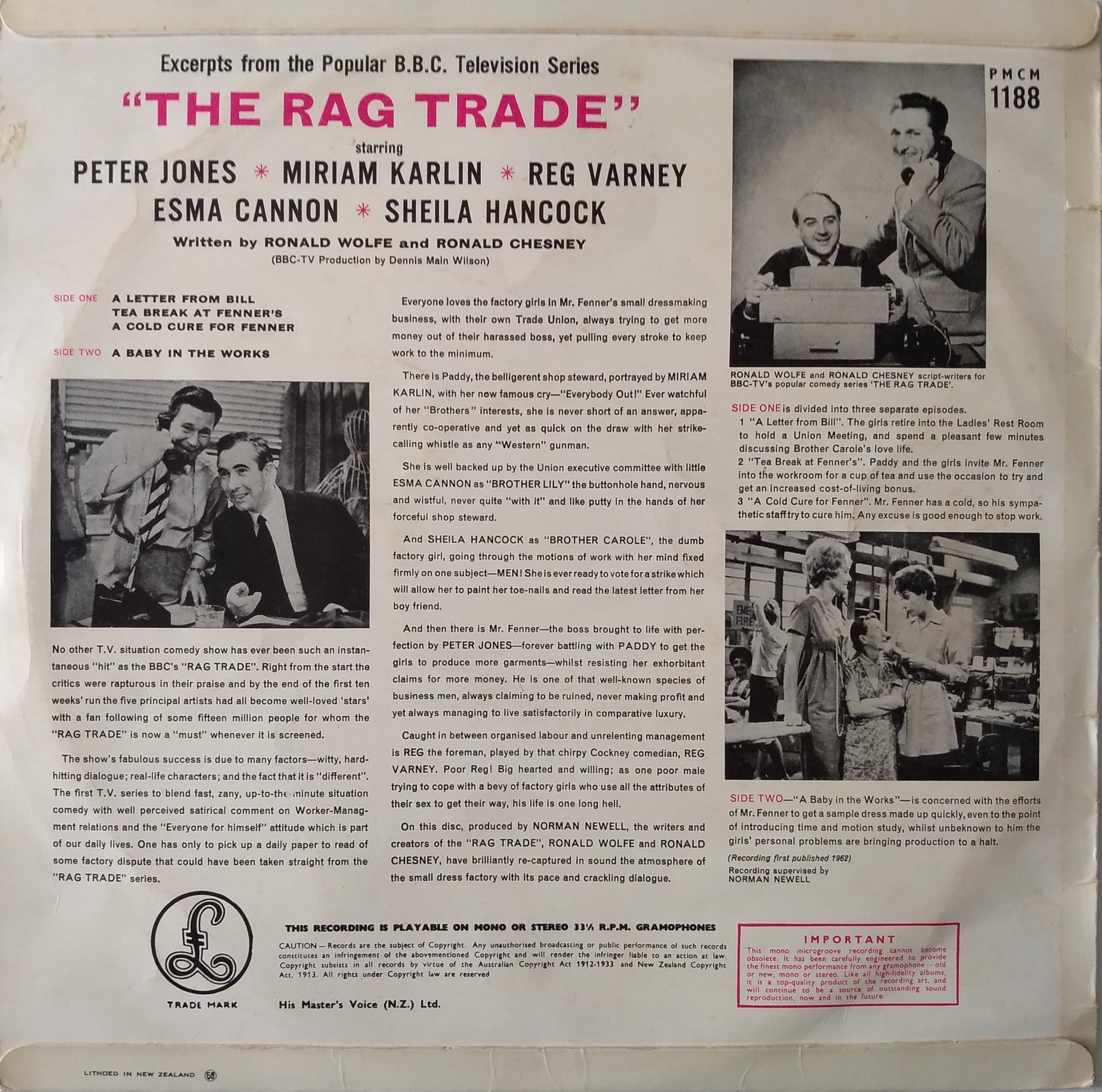 Peter Jones, Miriam Karlin, Reg Varney, Esma Cannon, Sheila Hancock – The Rag Trade (Parlophone 1962) 12" vinyl LP  VG/VG