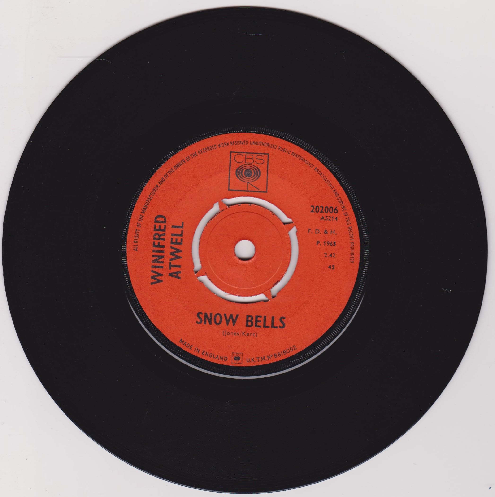 Winifred Atwell - Snow Bells (CBS 1964) 7" vinyl single VG/-