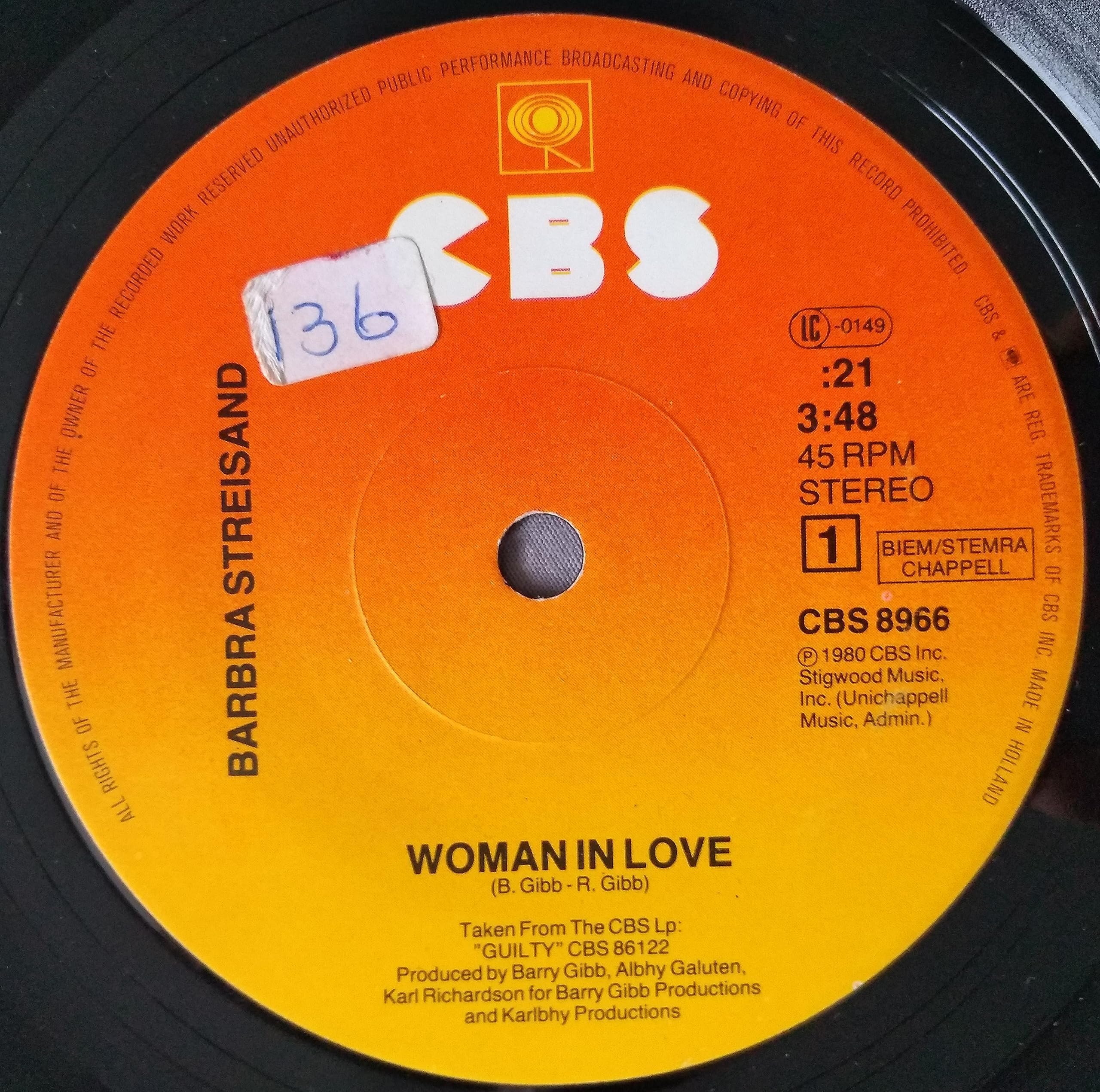 Barbra Streisand - Woman In Love (CBS 1980) 7" vinyl single VG/-