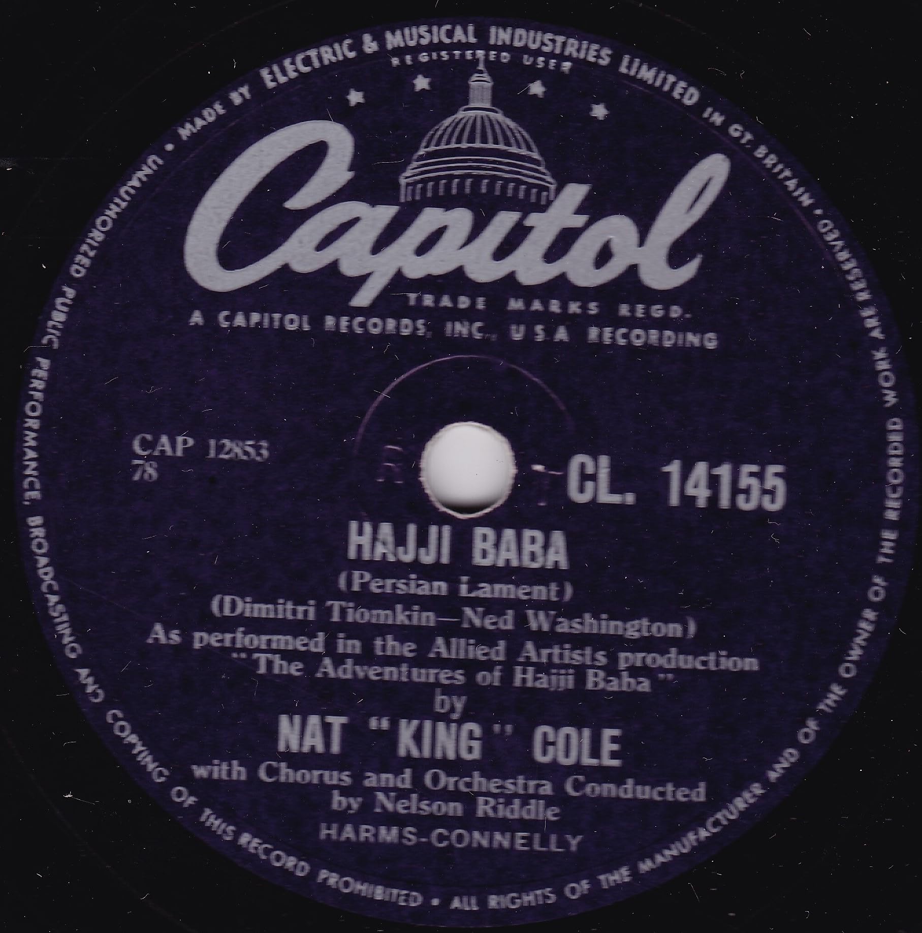 Nat "King" Cole ‎– Hajji Baba (Capitol 1954) 10" 78RPM shellac single VG/-