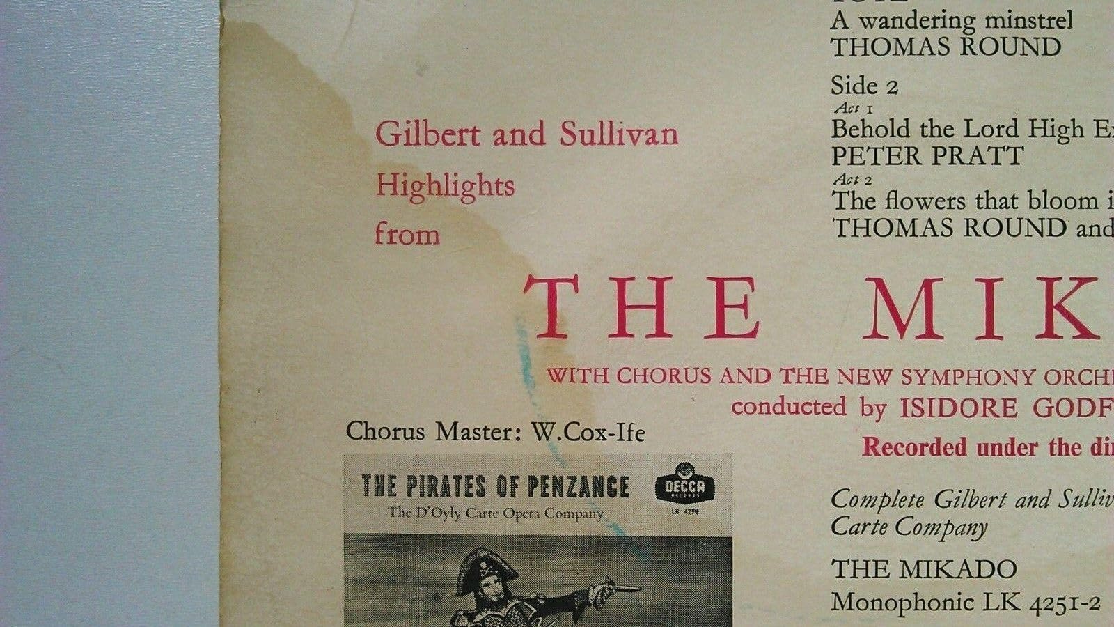 Gilbert And Sullivan, The D'Oyly Carte Opera Company - Highlights from The Mikado (Decca 1960) 7" vinyl EP VG/VG