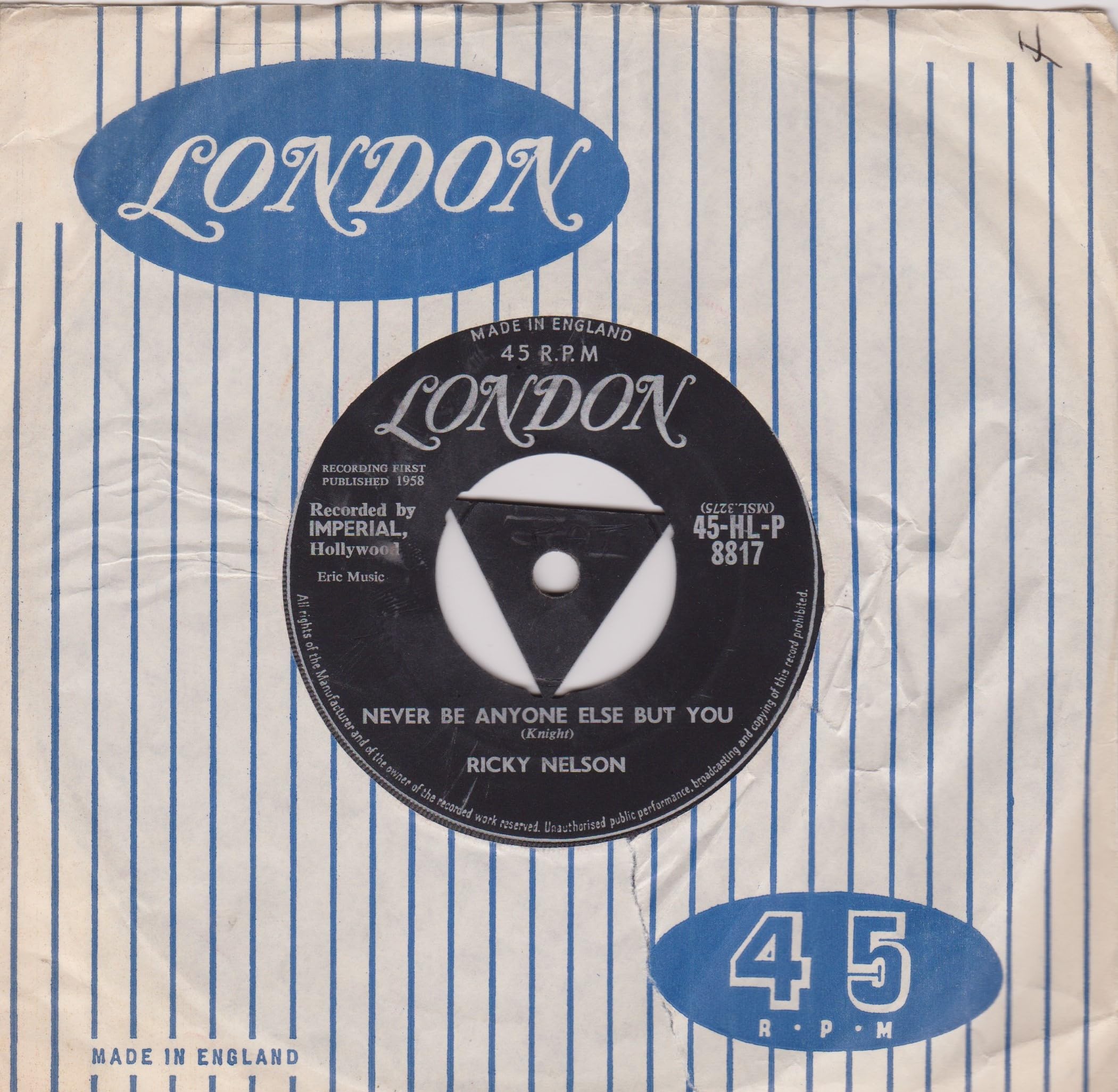 Ricky Nelson ‎– It's Late (London 1959) 7" vinyl single VG/VG
