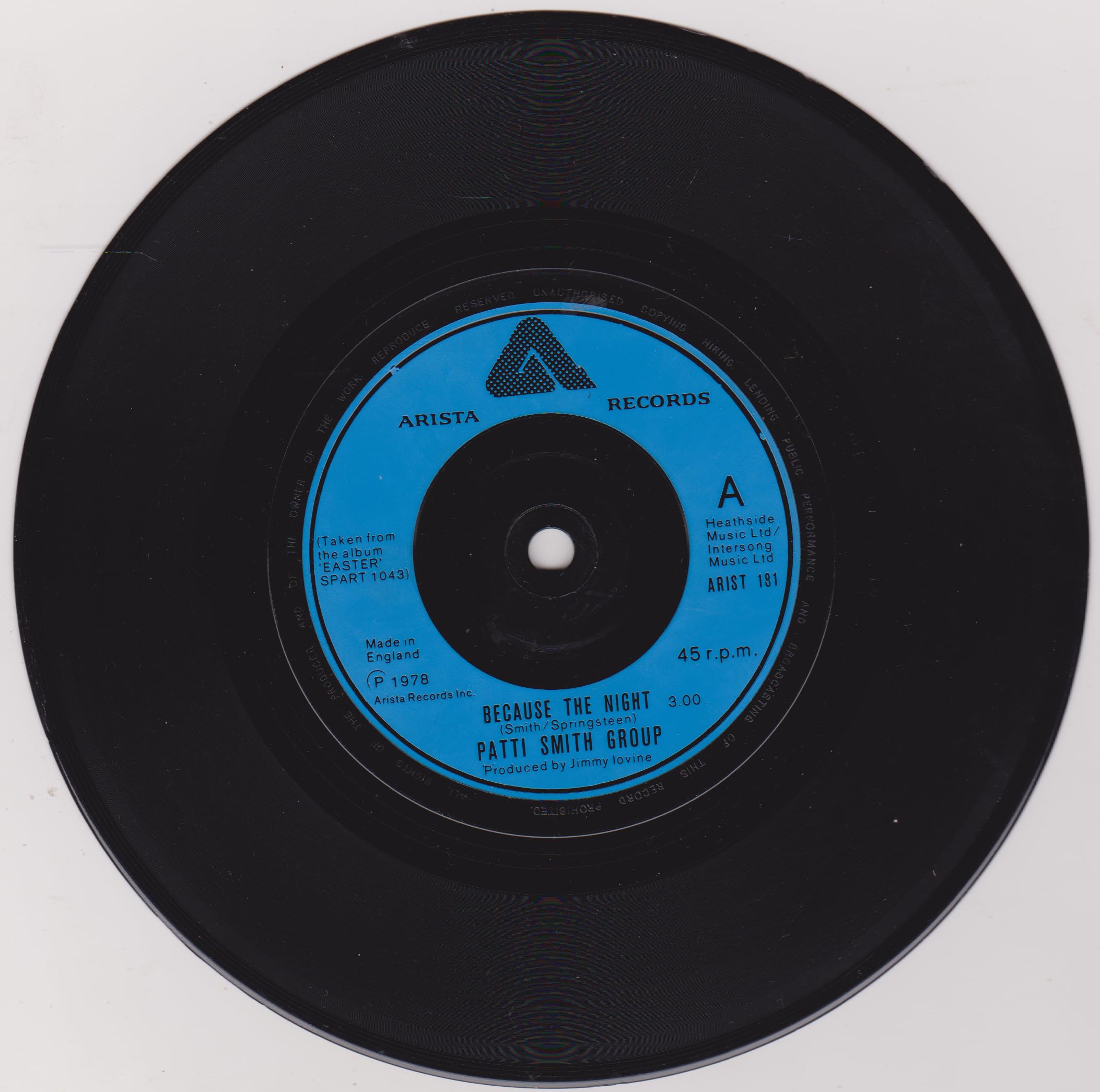 Patti Smith Group – Because The Night (Arista 1978) 7" vinyl single VG/-