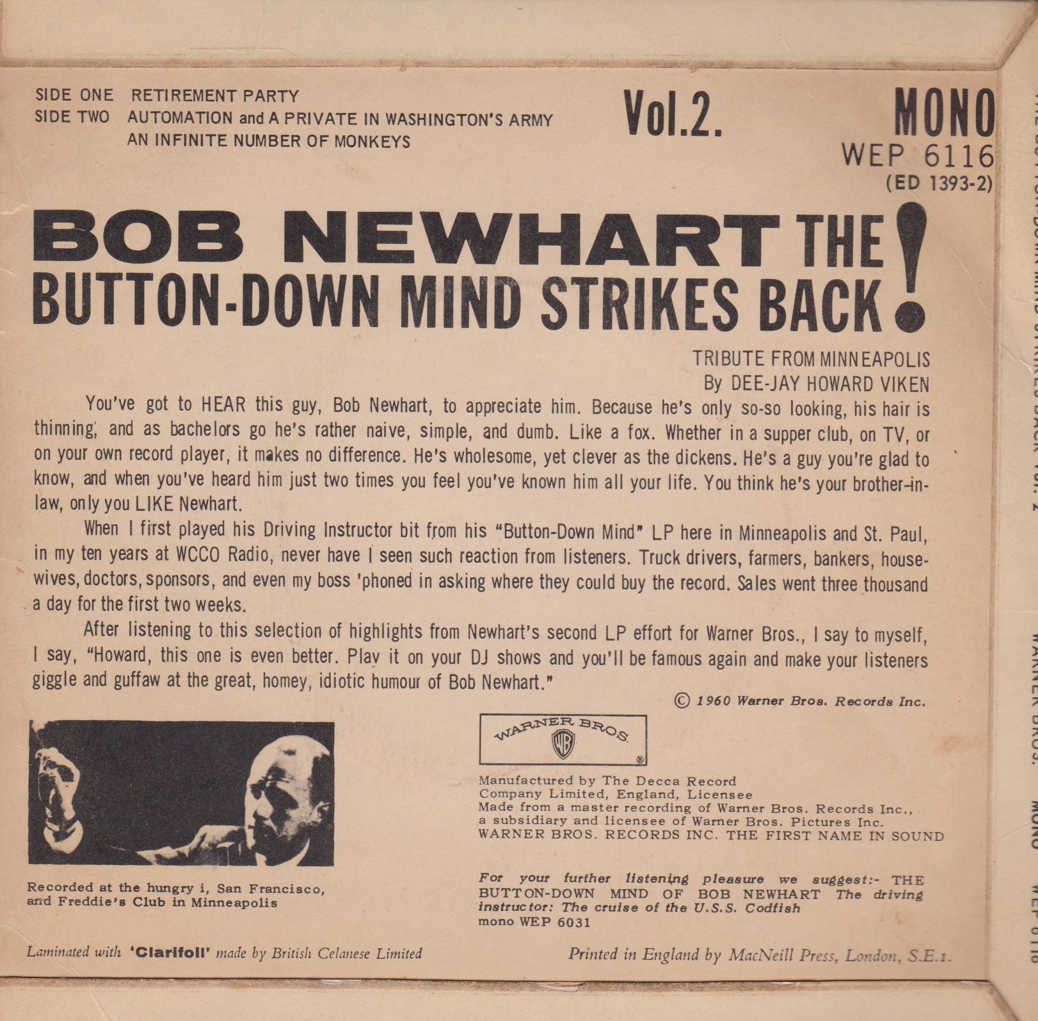 Bob Newhart ‎– The Button Down Mind Strikes Back ‎– Vol. 2 (Warner Bros 1963) 7" vinyl EP VG/VG