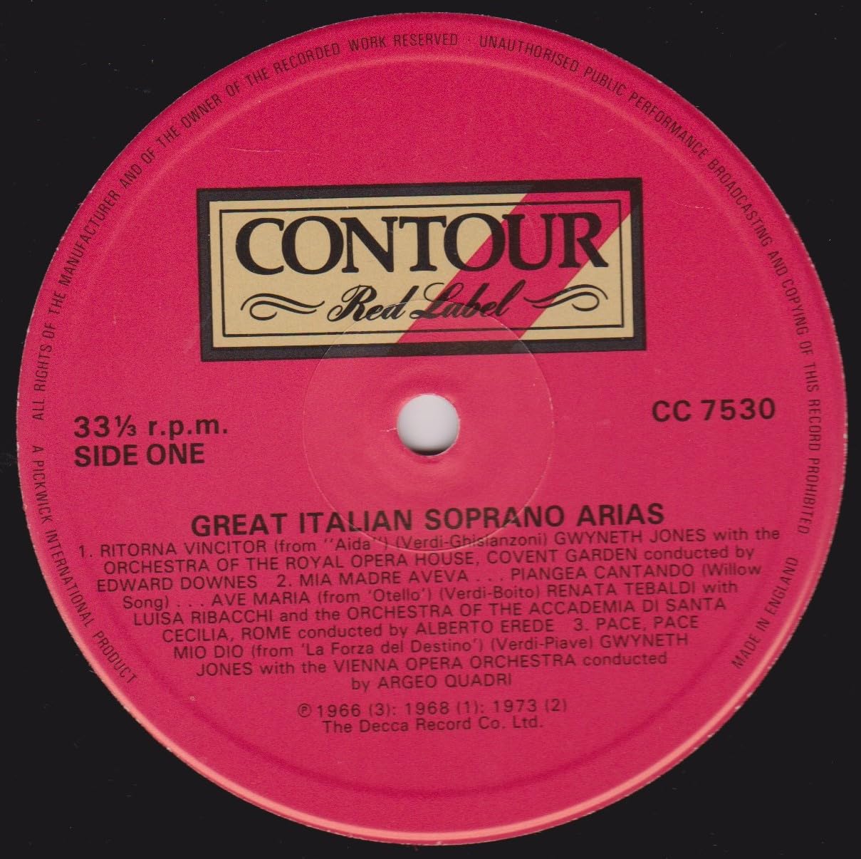 Various ‎– Great Italian Soprano Arias (Contour 1973) 12" vinyl LP VG/VG