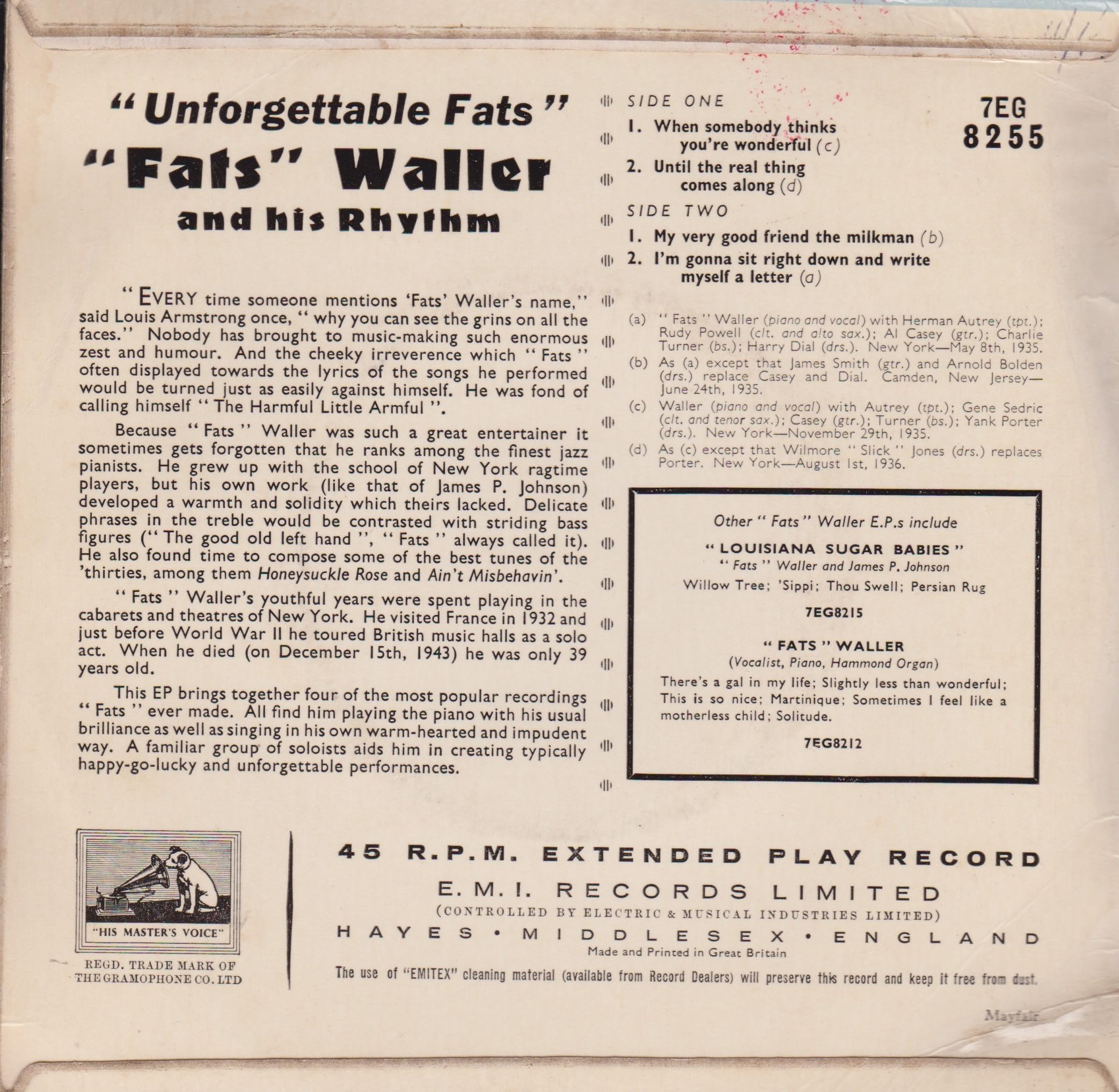 "Fats" Waller And His Rhythm ‎– Unforgettable Fats (HMV 1957) 7" vinyl EP VG/VG