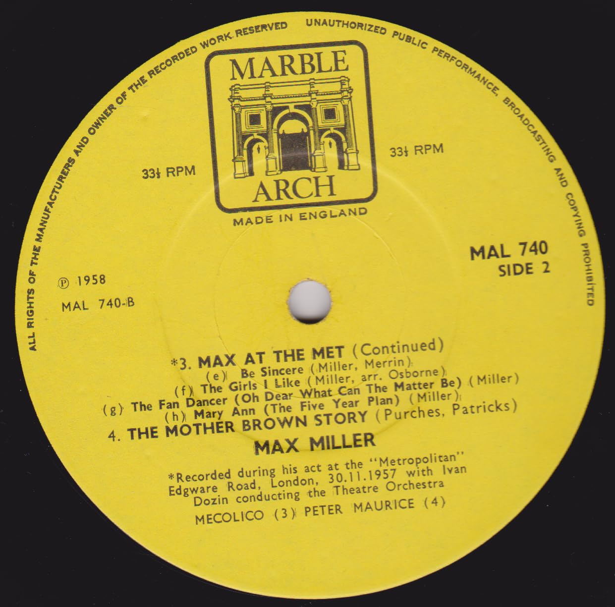 Max Miller ‎– Max At The Met (Marble Arch 1967) 12" vinyl LP VG/VG