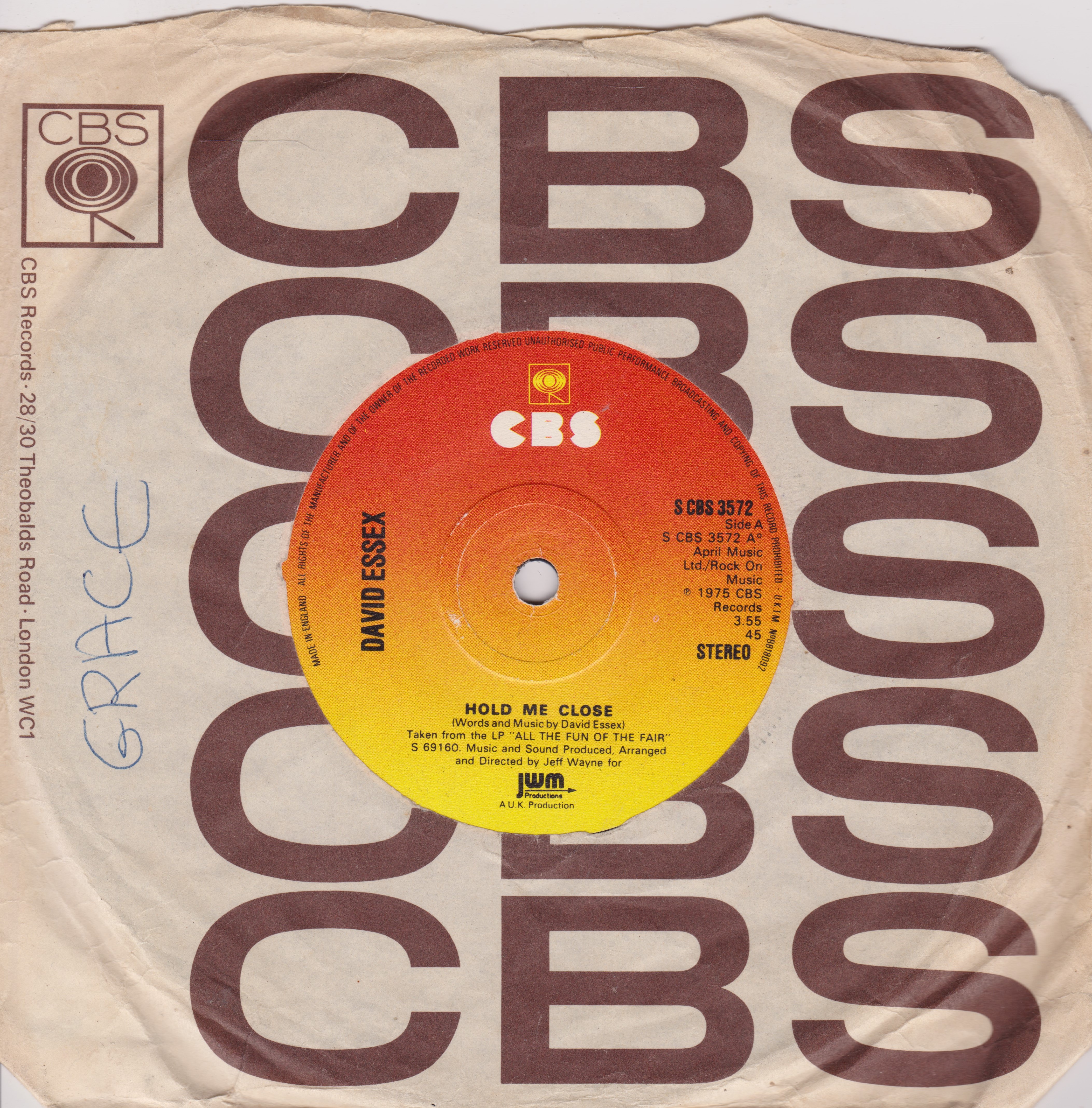 David Essex – Hold Me Close (CBS 1975) 7" vinyl single VG/-