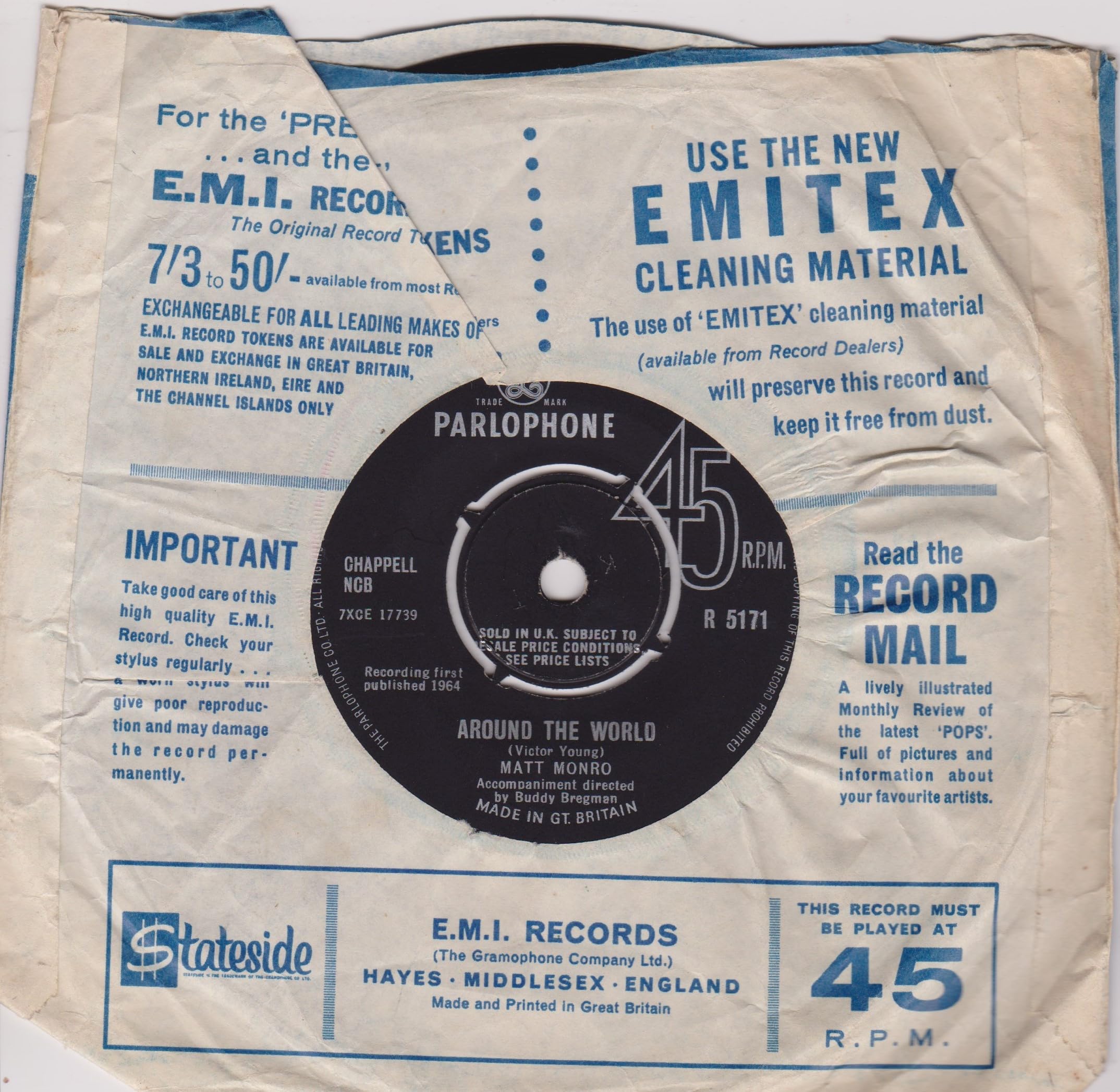 Matt Monro - Walk Away (Parlophone 1964) 7" vinyl single VG/-
