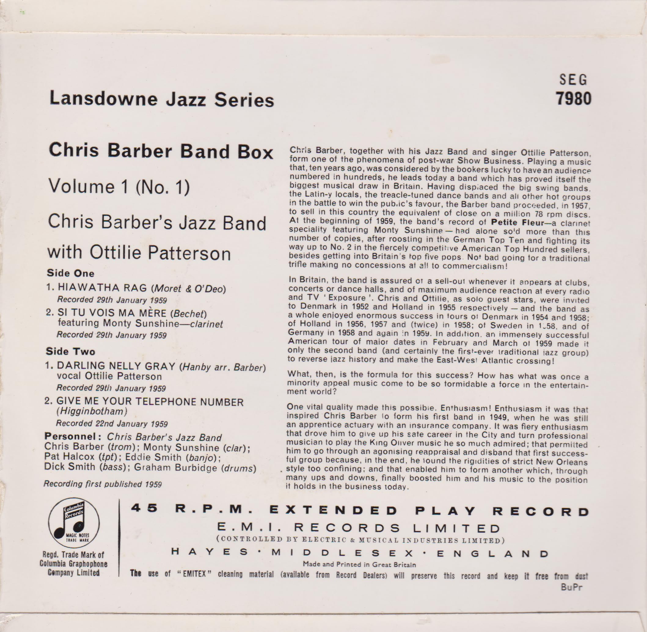 Chris Barber's Jazz Band With Ottilie Patterson – Chris Barber Band Box Vol. 1 No. 1 (1959) 7" vinyl EP VG/VG