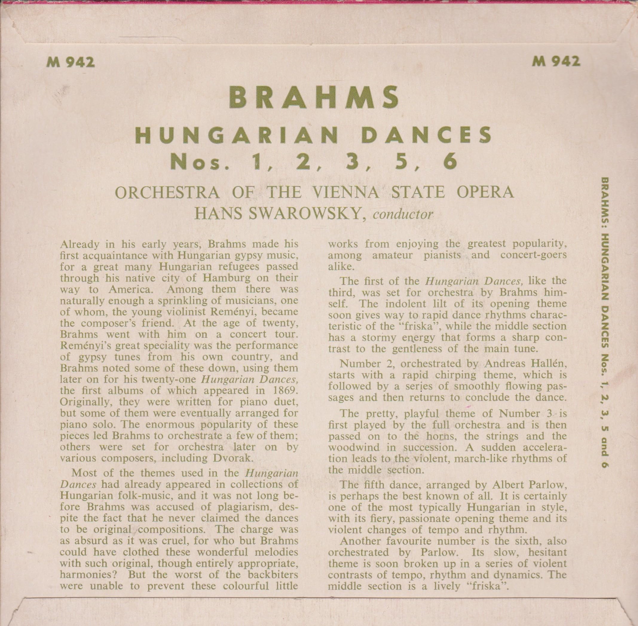 Brahms - Hungarian Dances Nos 1, 2, 3, 5 & 6 (Concert Hall 1961) 7" vinyl EP VG/VG