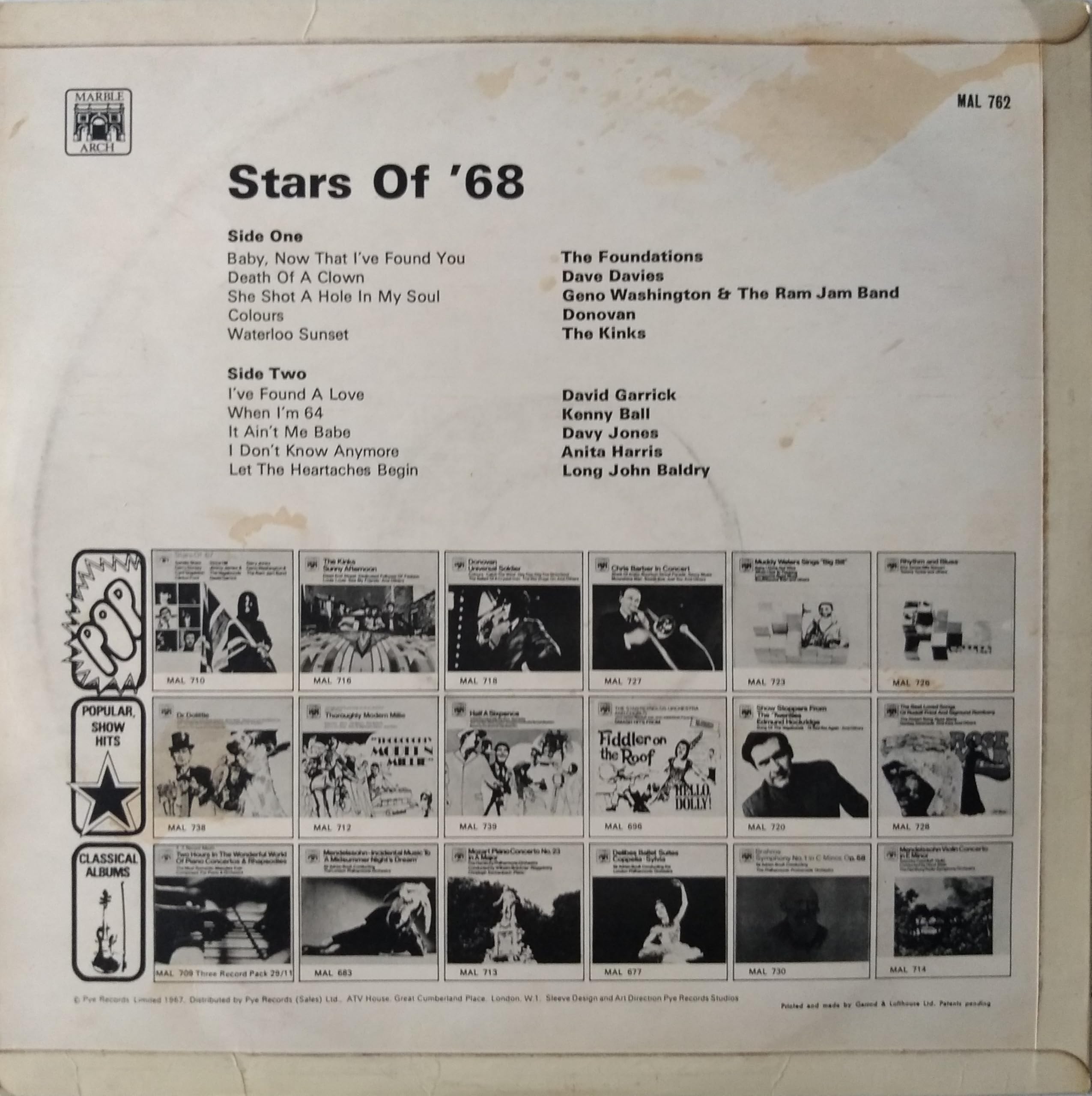Various – Stars Of '68 (Marble Arch 1967) 12" vinyl LP VG/VG