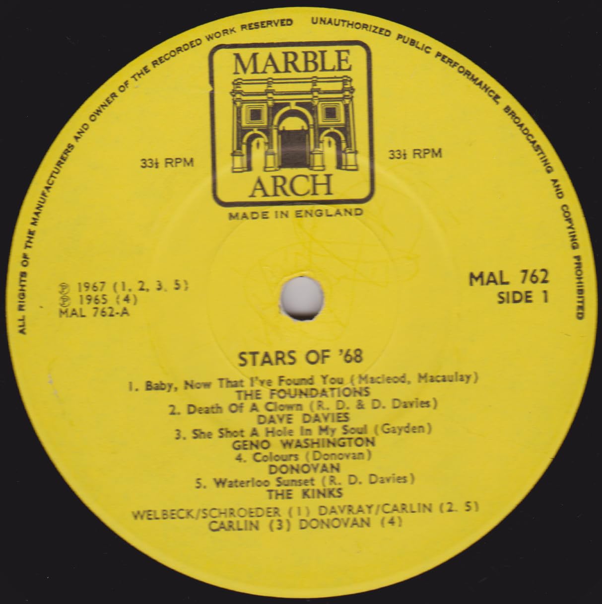 Various – Stars Of '68 (Marble Arch 1967) 12" vinyl LP VG/VG