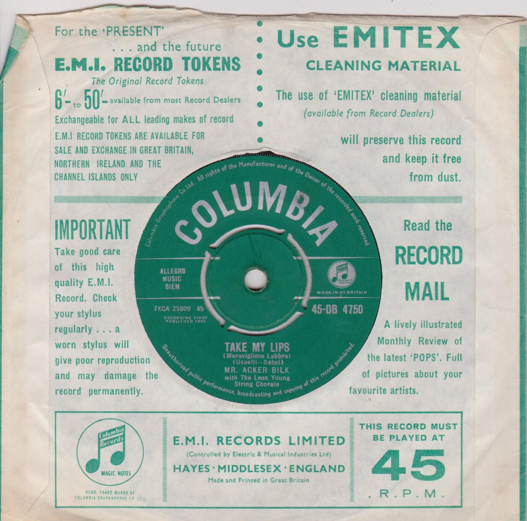 Mr. Acker Bilk With The Leon Young String Chorale ‎– Stranger On The Shore (Columbia 1961) 7" vinyl single VG/VG