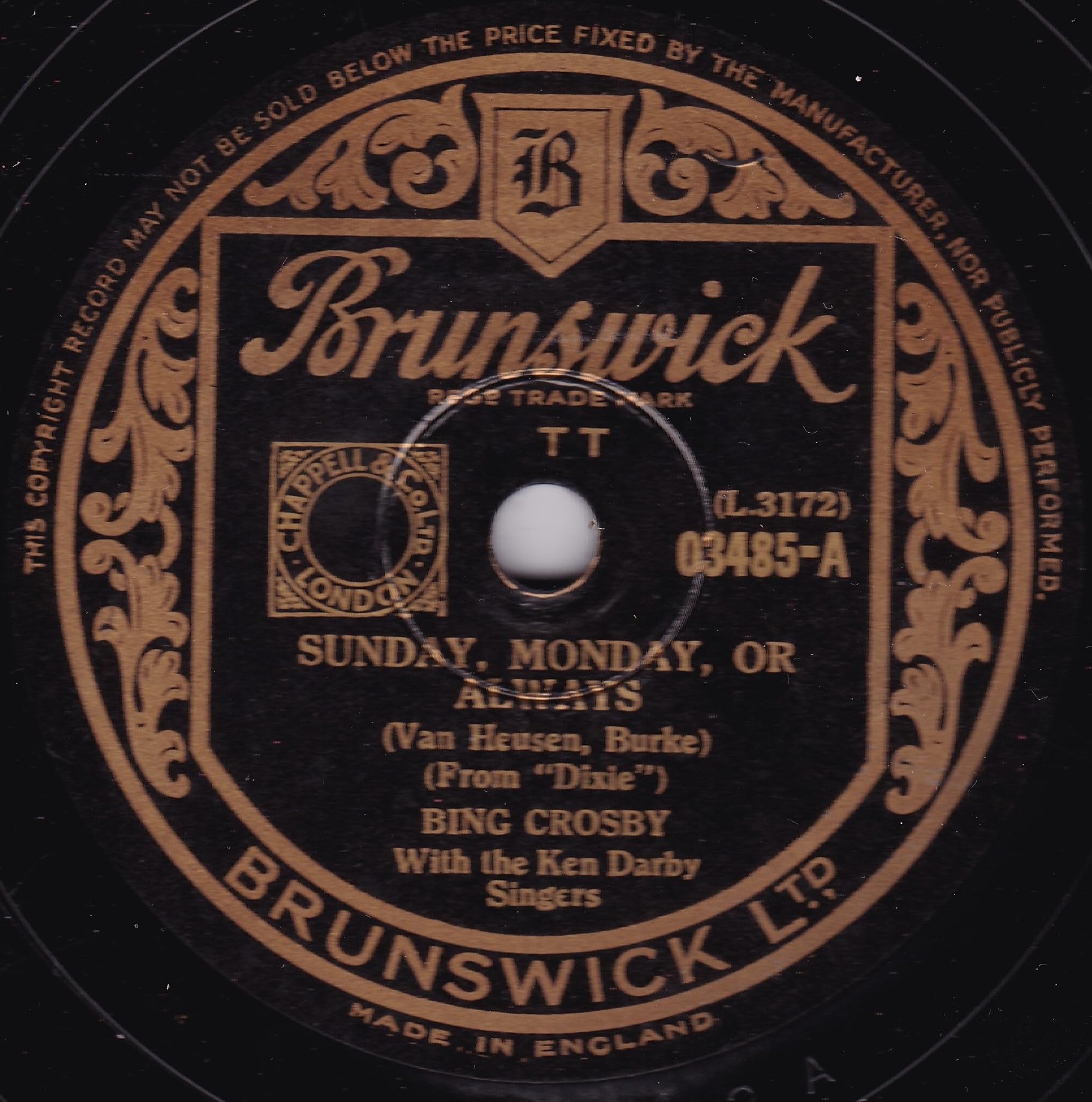 Bing Crosby With The Ken Darby Singers – Sunday, Monday, Or Always (Brunswick) 10" 78RPM shellac single VG/-