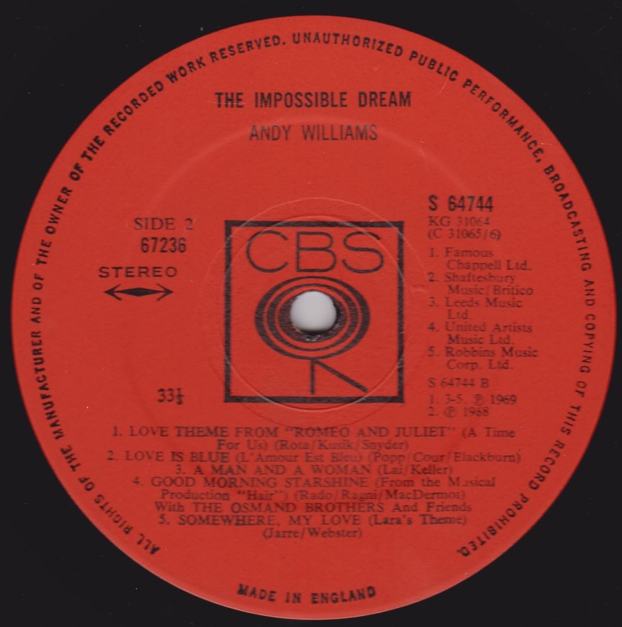 Andy Williams – The Impossible Dream (CBS 1971) 2x12" vinyl LP VG/VG