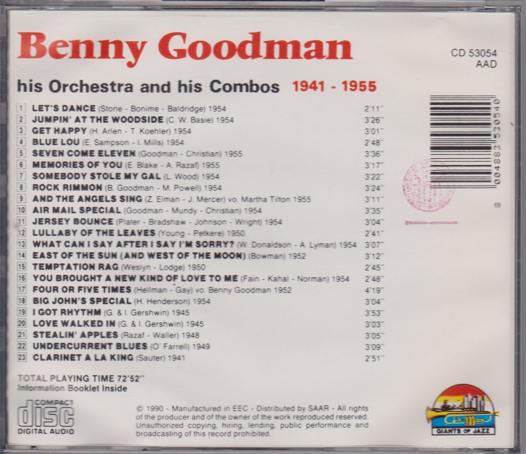 Benny Goodman ‎– Benny Goodman His Orchestra And His Combos 1941 - 1955 (1996) CD album