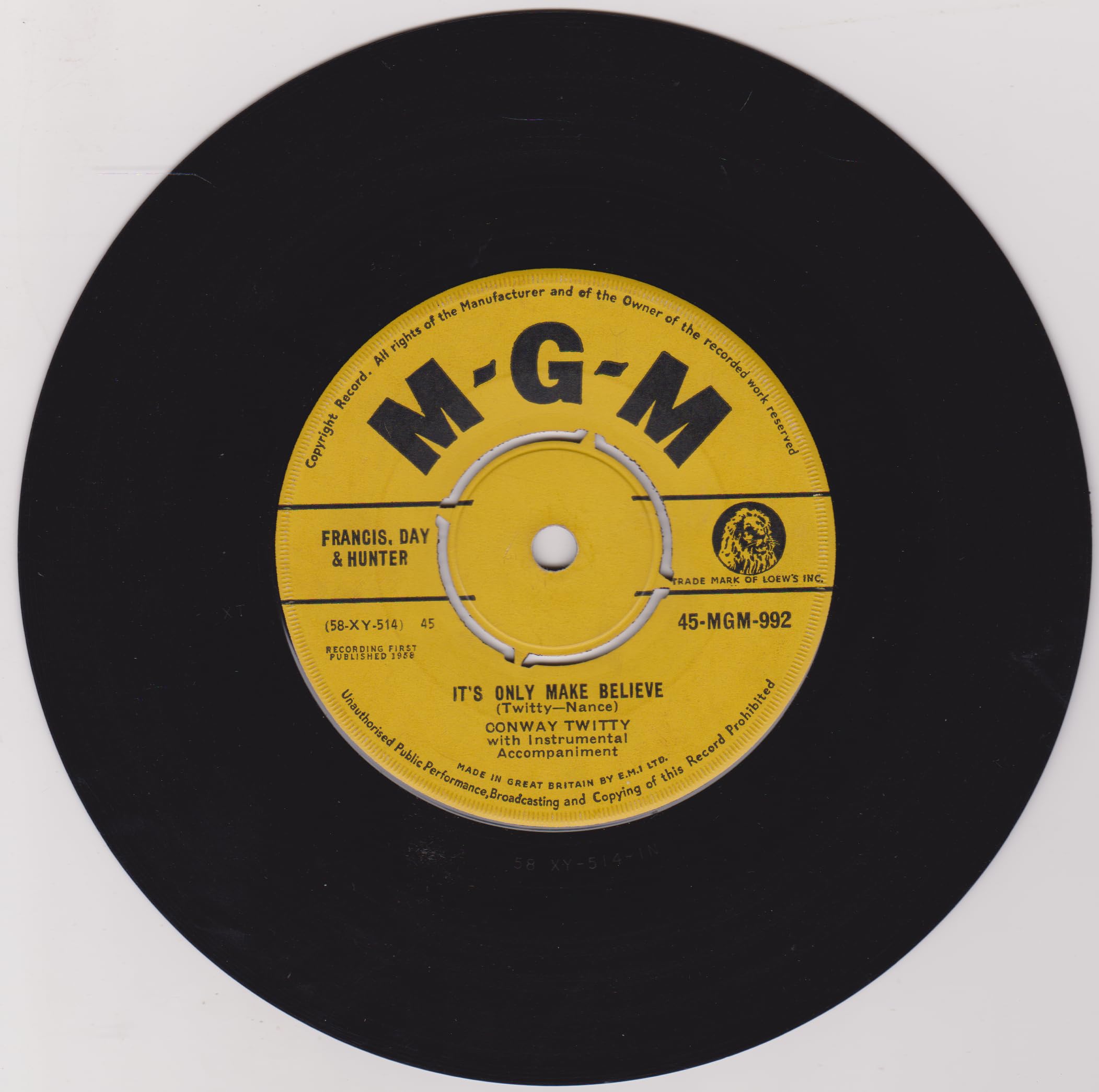 Conway Twitty ‎– It's Only Make Believe (MGM 1958) 7" vinyl single VG/-