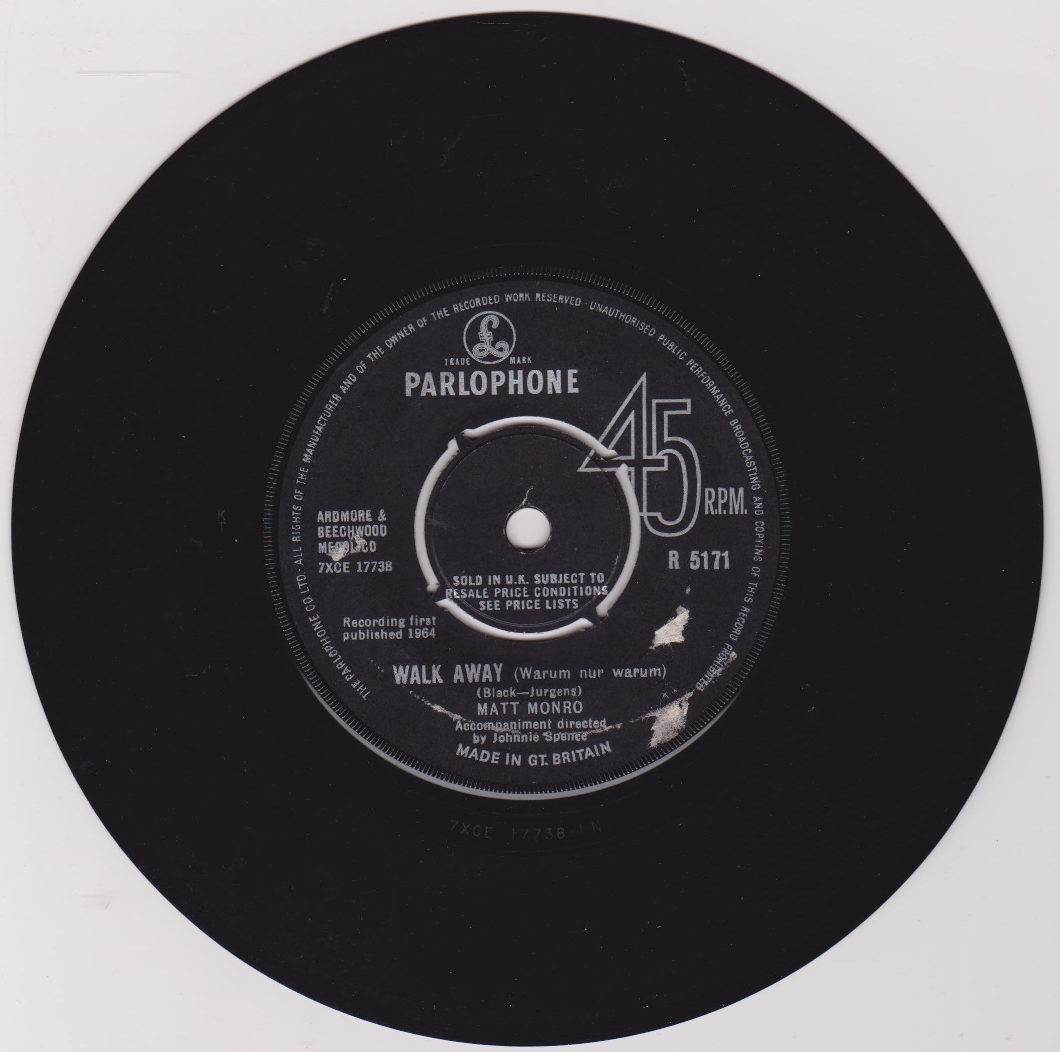 Matt Monro - Walk Away (Parlophone 1964) 7" vinyl single VG/-