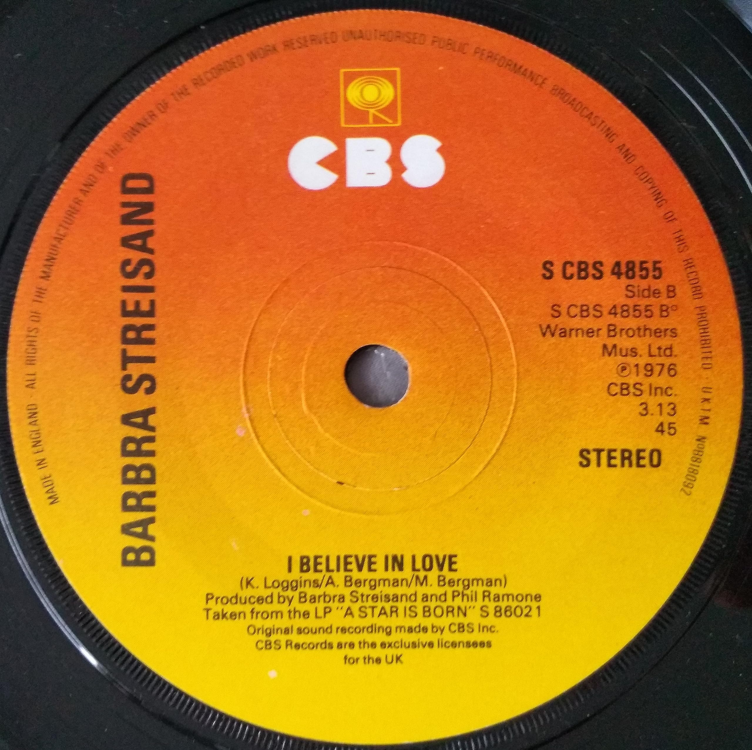 Barbra Streisand - Love Theme from 'A Star Is Born' (Evergreen) (CBS 1976) 7" vinyl single VG/-