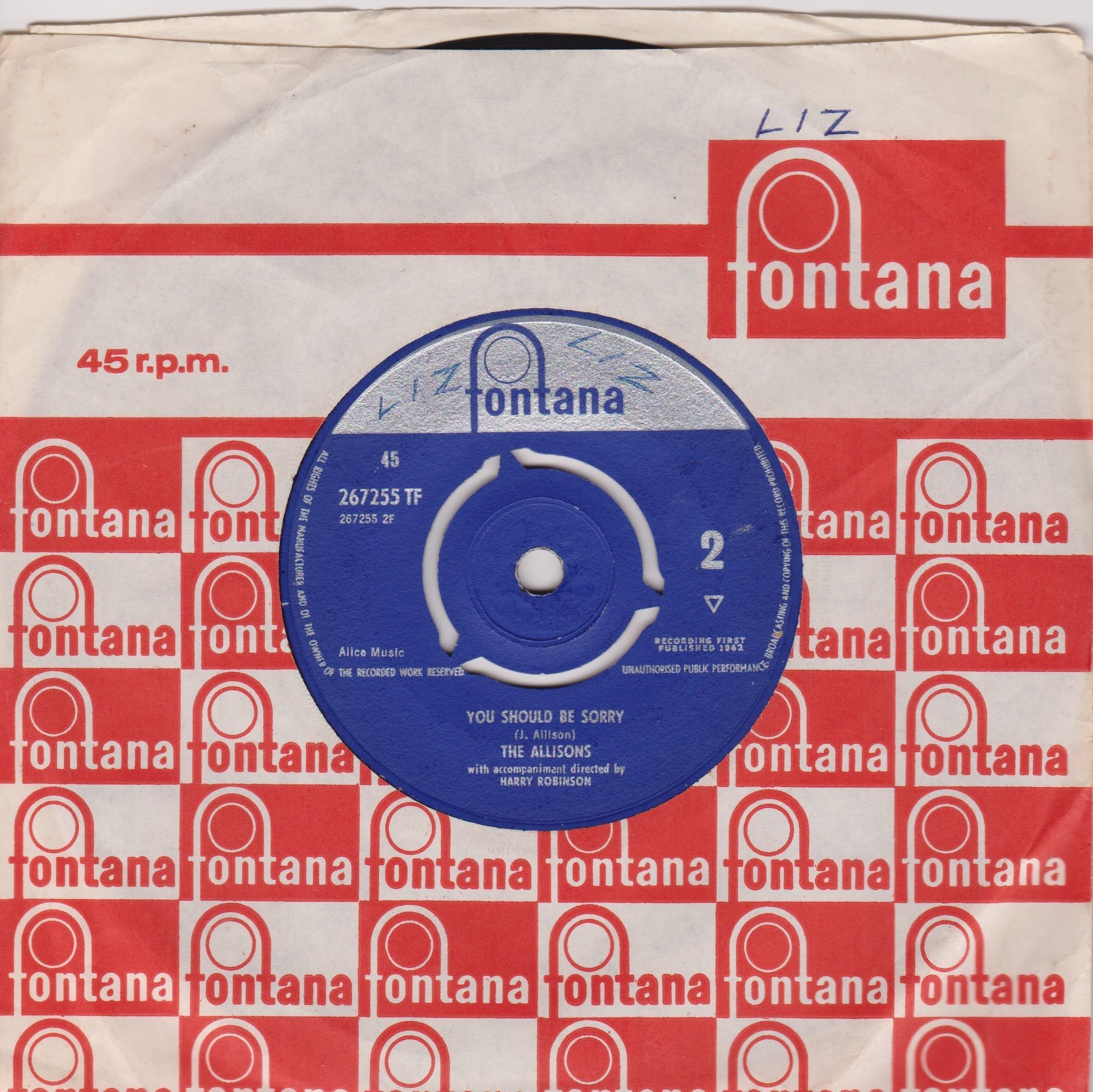 The Allisons – I'll Cross My Fingers (Fontana 1962) 7" vinyl single VG/VG