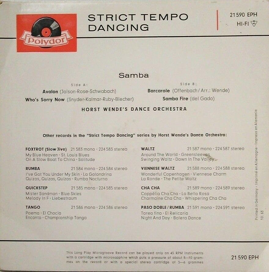 Horst Wende's Dance Orchestra - Strict Tempo Dancing – Samba (Polydor) 7" vinyl EP VG/VG German